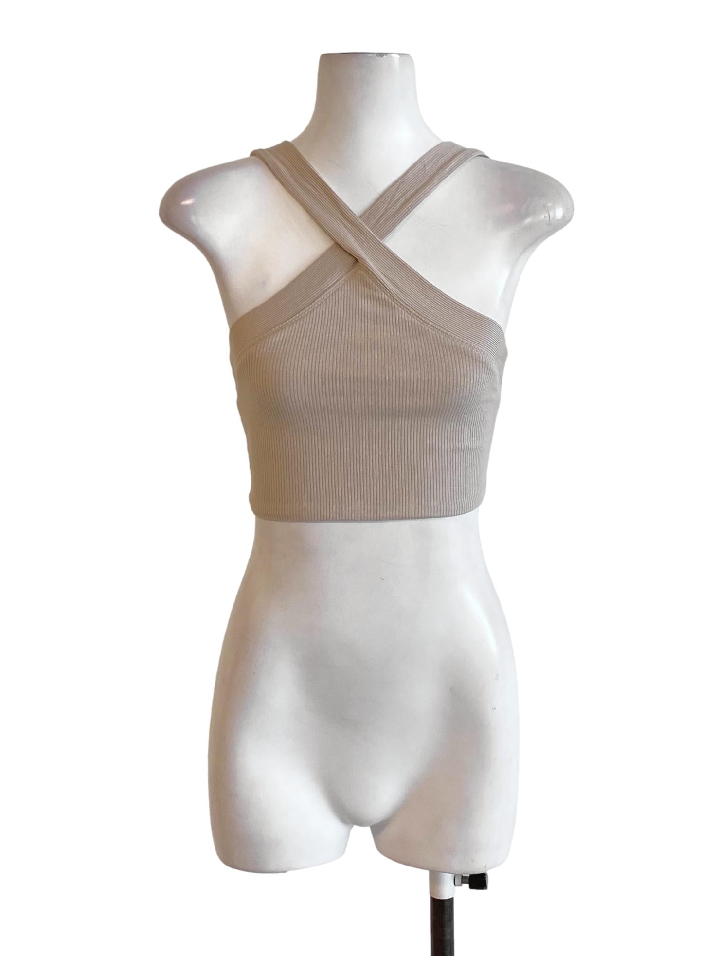 Beige Brown Cross Front Knitted Cropped Top TTR