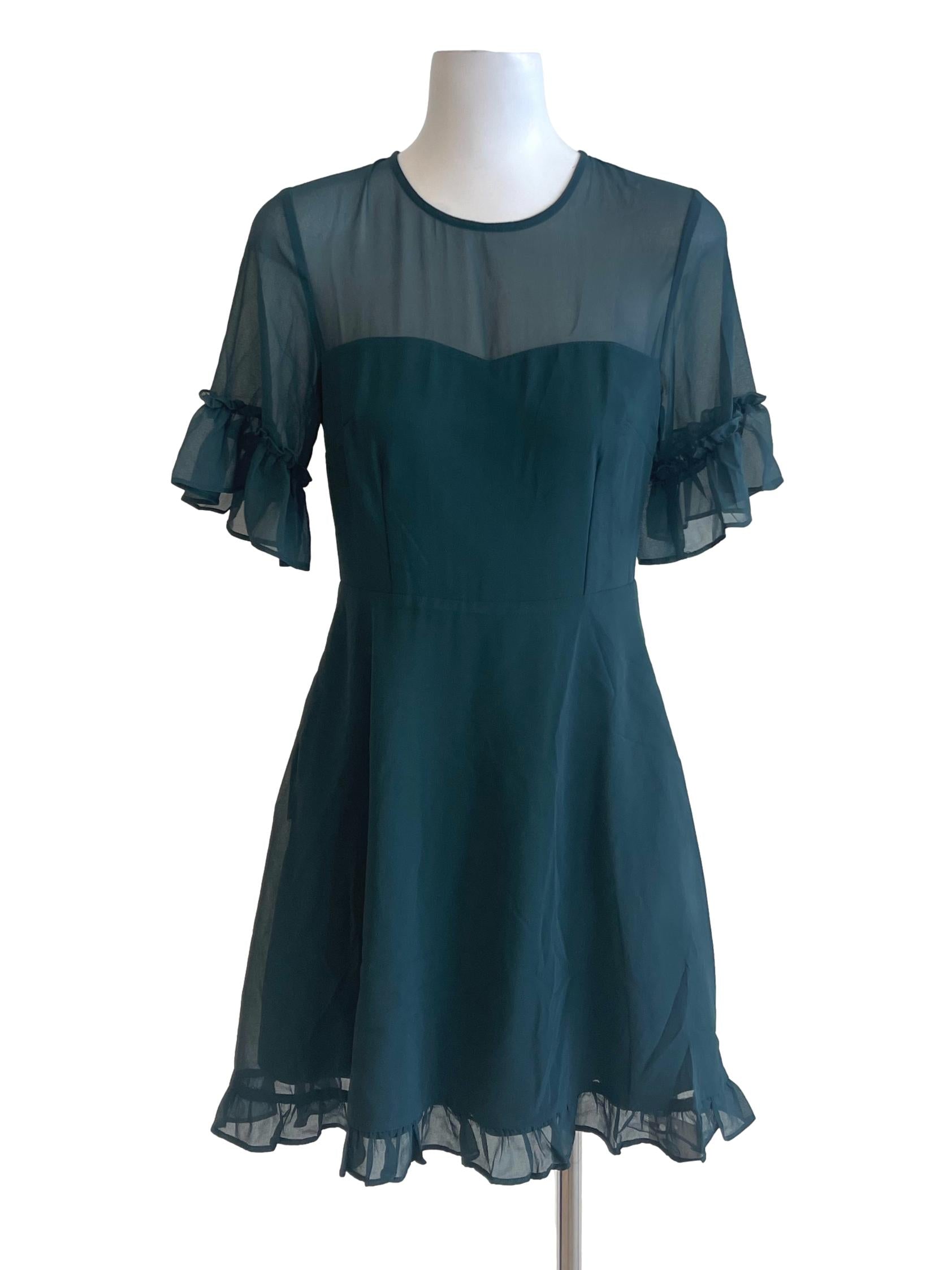 Pine Green Ruffle Sheer Dress
