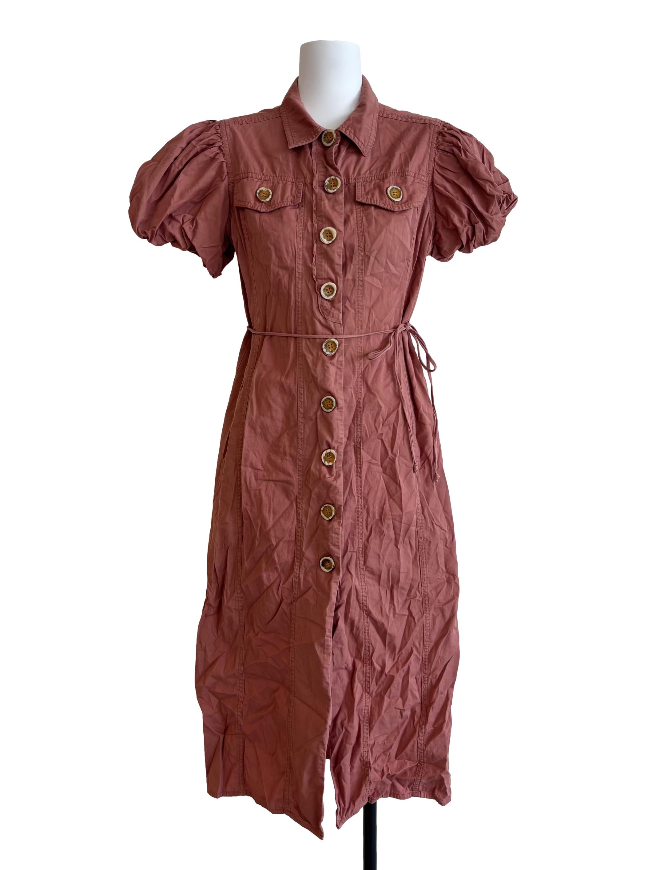 Blush Red Puff Sleeve Buttoned Dress