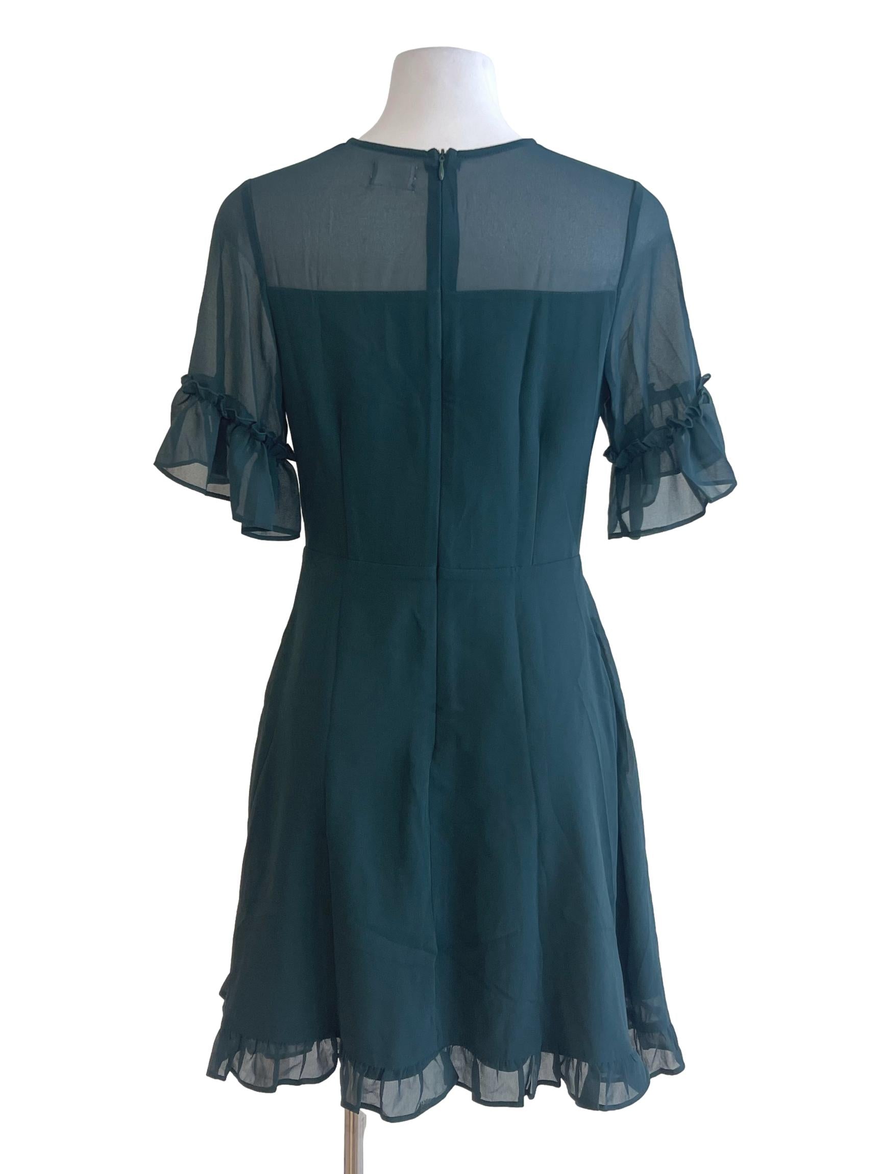 Pine Green Ruffle Sheer Dress