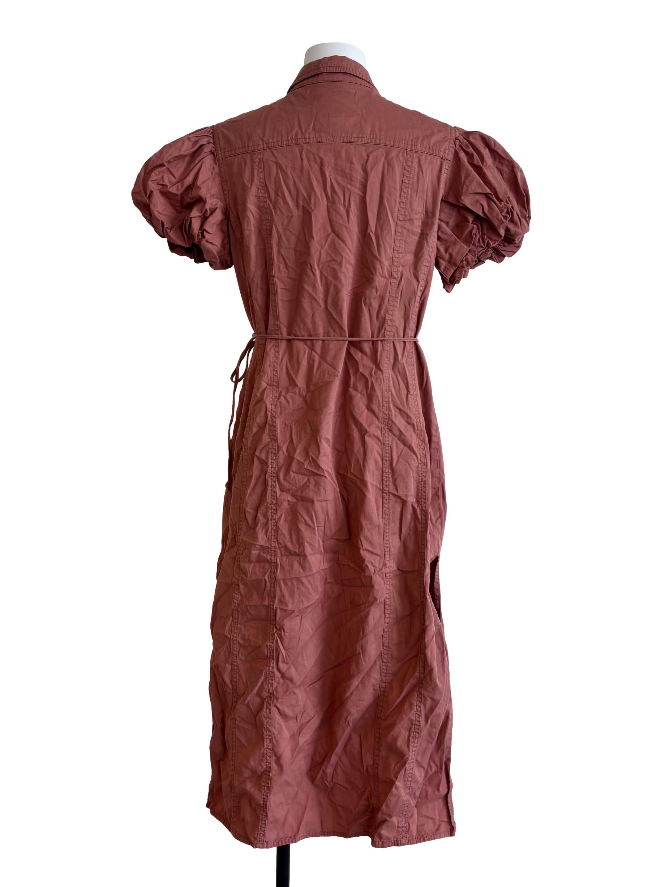 Blush Red Puff Sleeve Buttoned Dress