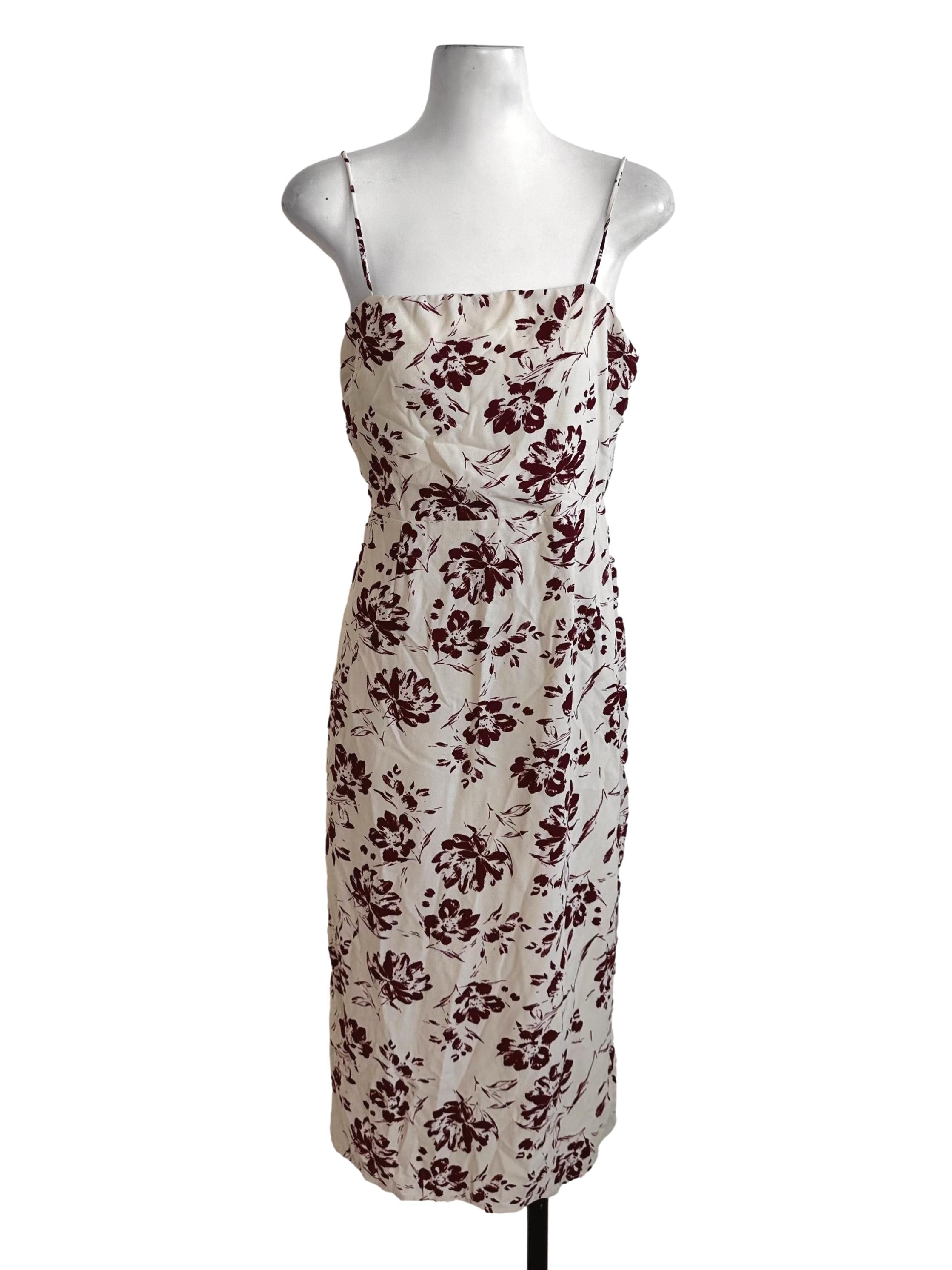 Sand Beige Floral Pattern Square Neck Dress