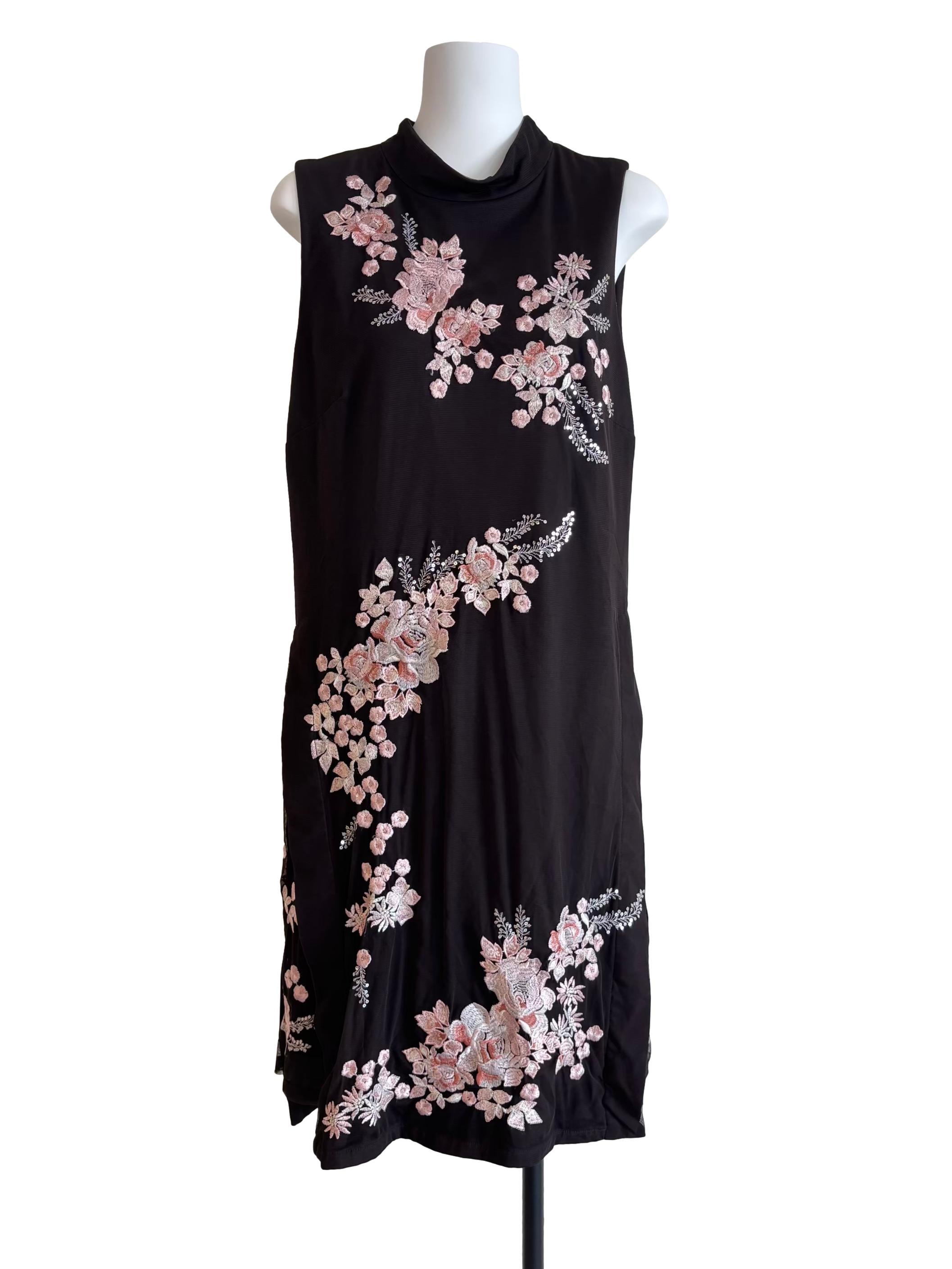 Dark Coffee Brown Embroidered Shift Dress