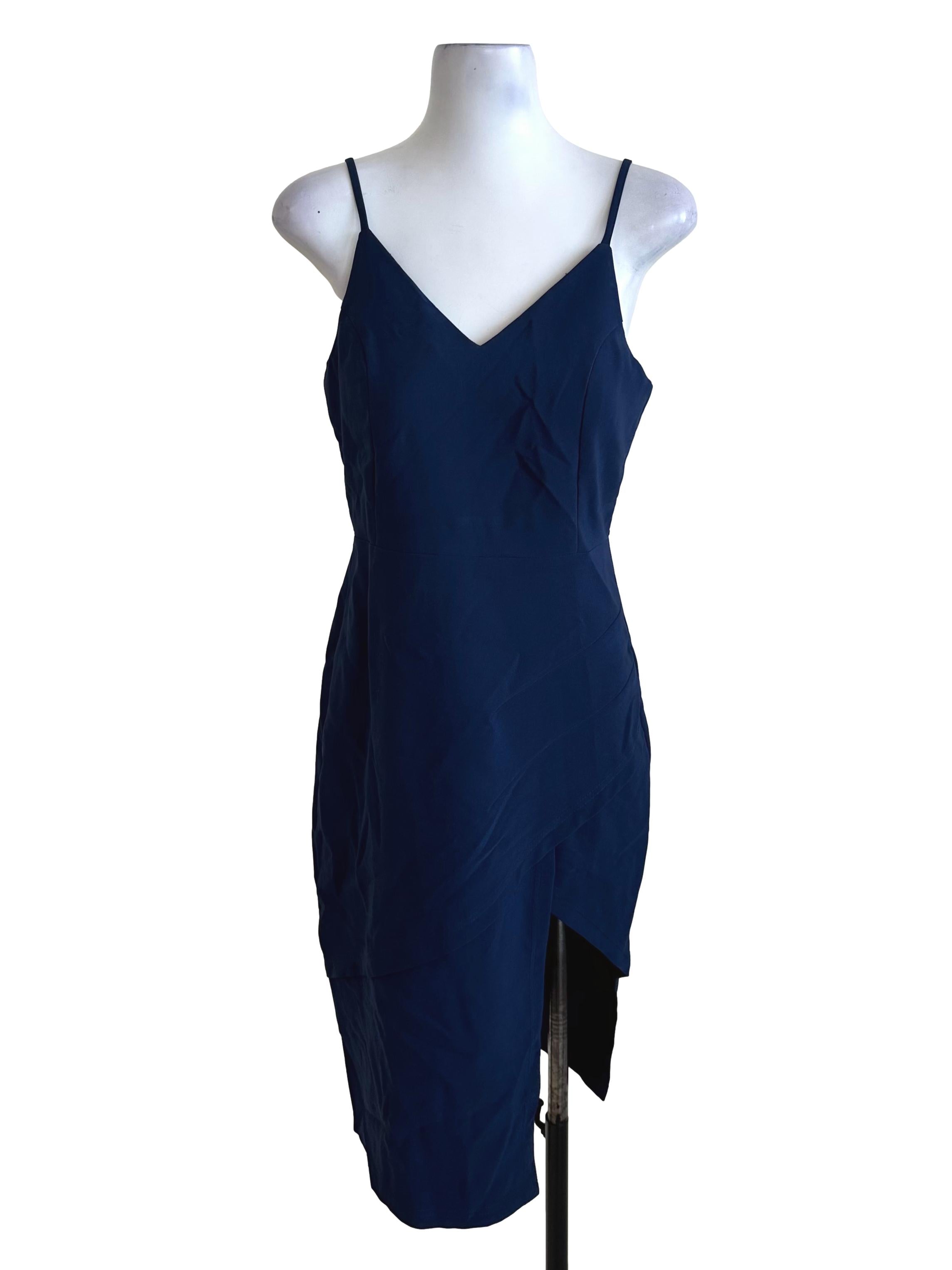 Navy Blue V Neck Asymmetric Dress
