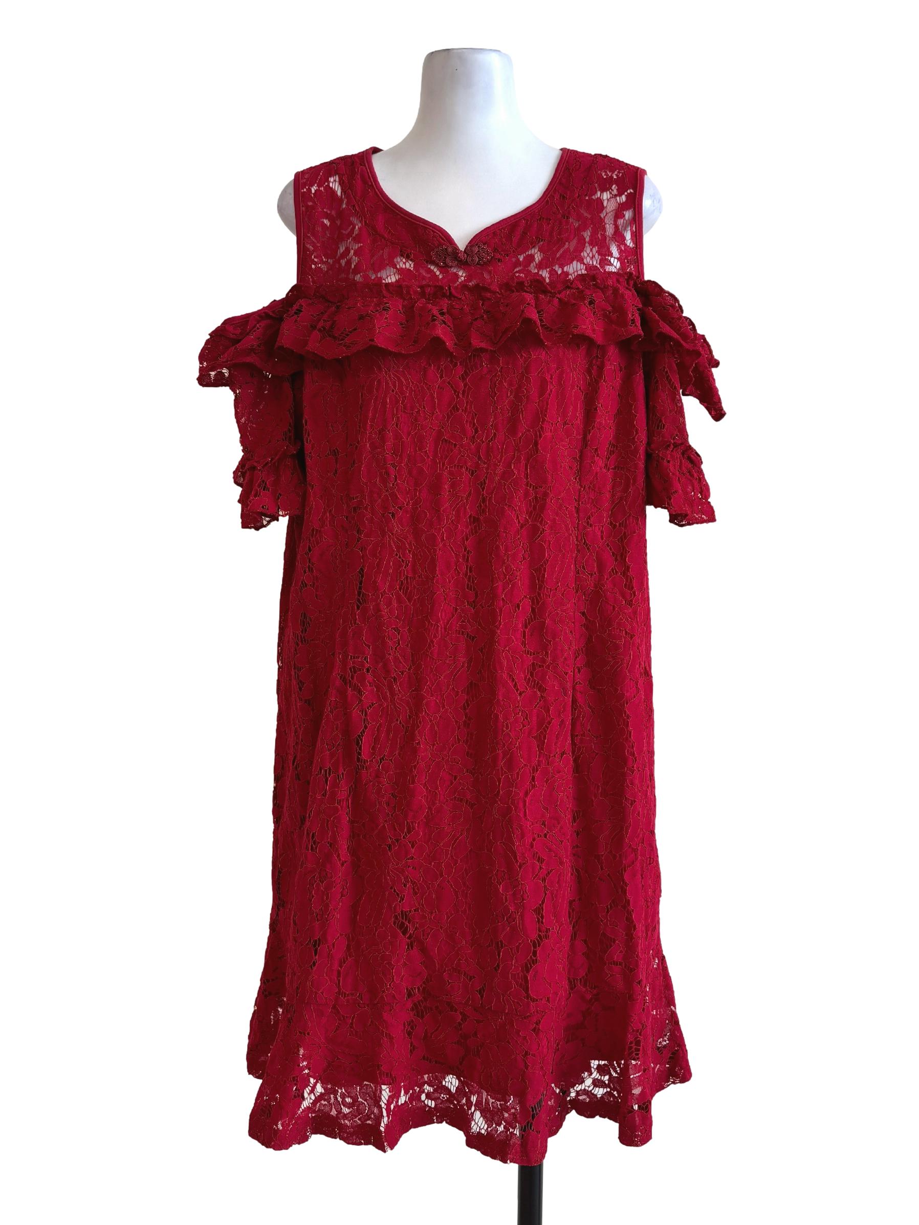 Red Hot Lace Drop Shoulder Dress