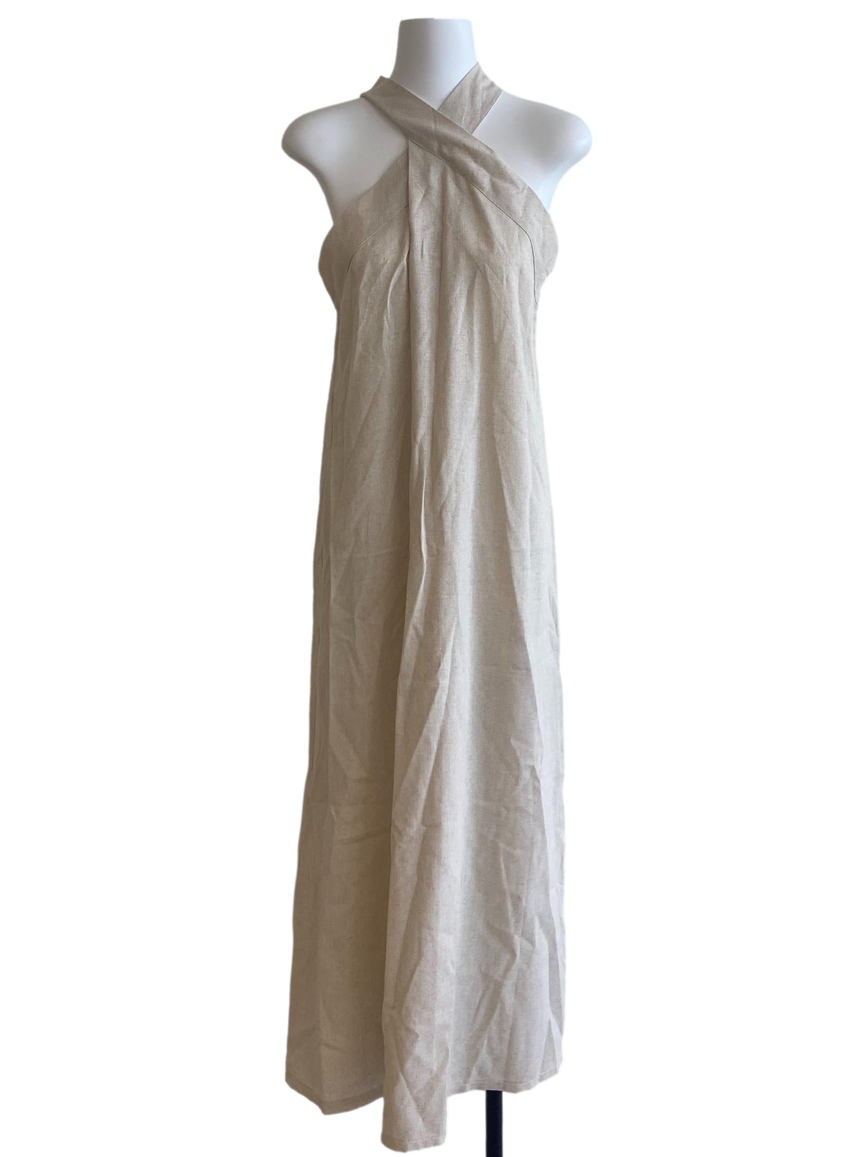 Linen Beige Halter Neck Empire Dress