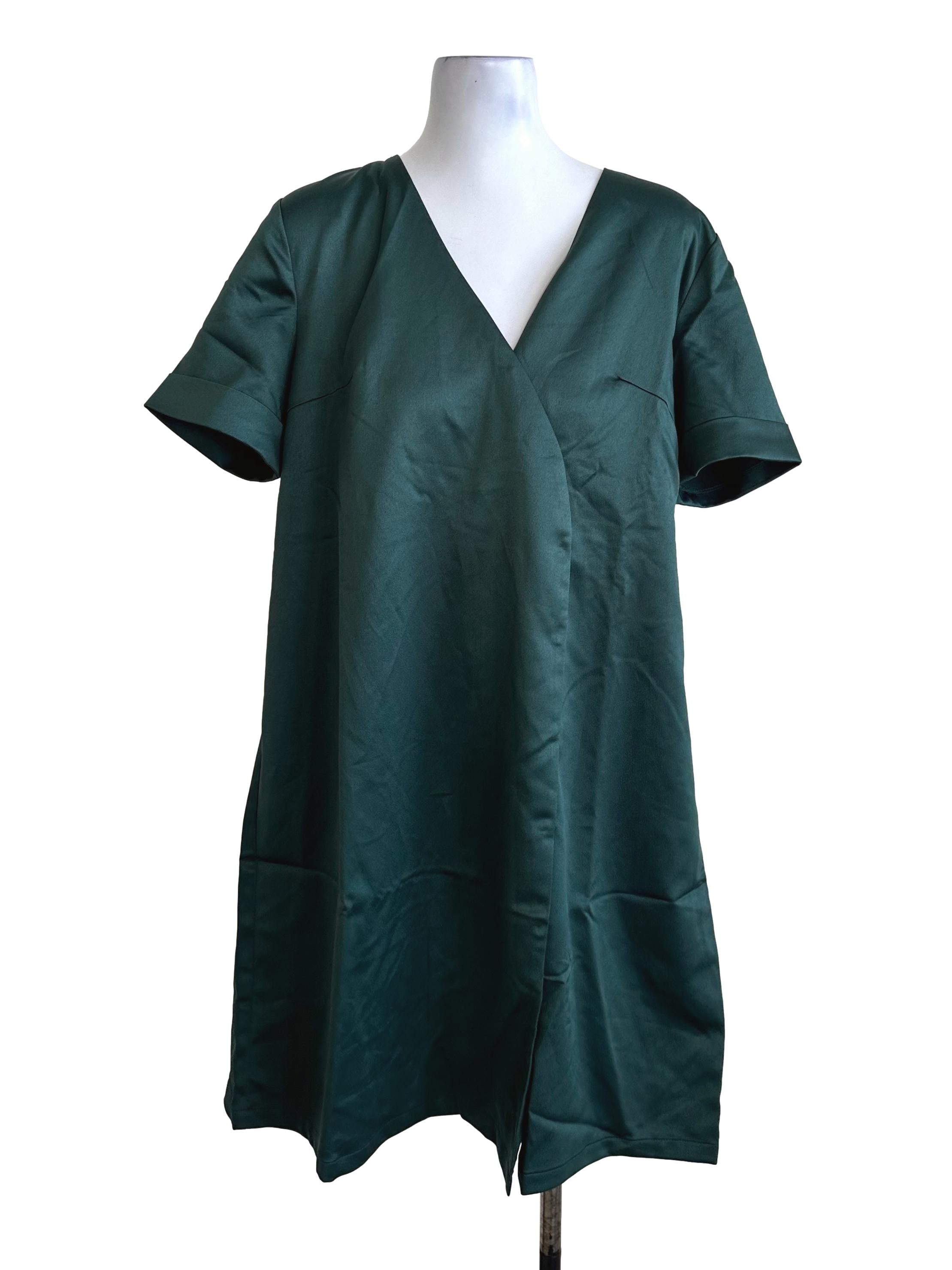 Emerald Green V Neck Satin Back Tie Dress LB