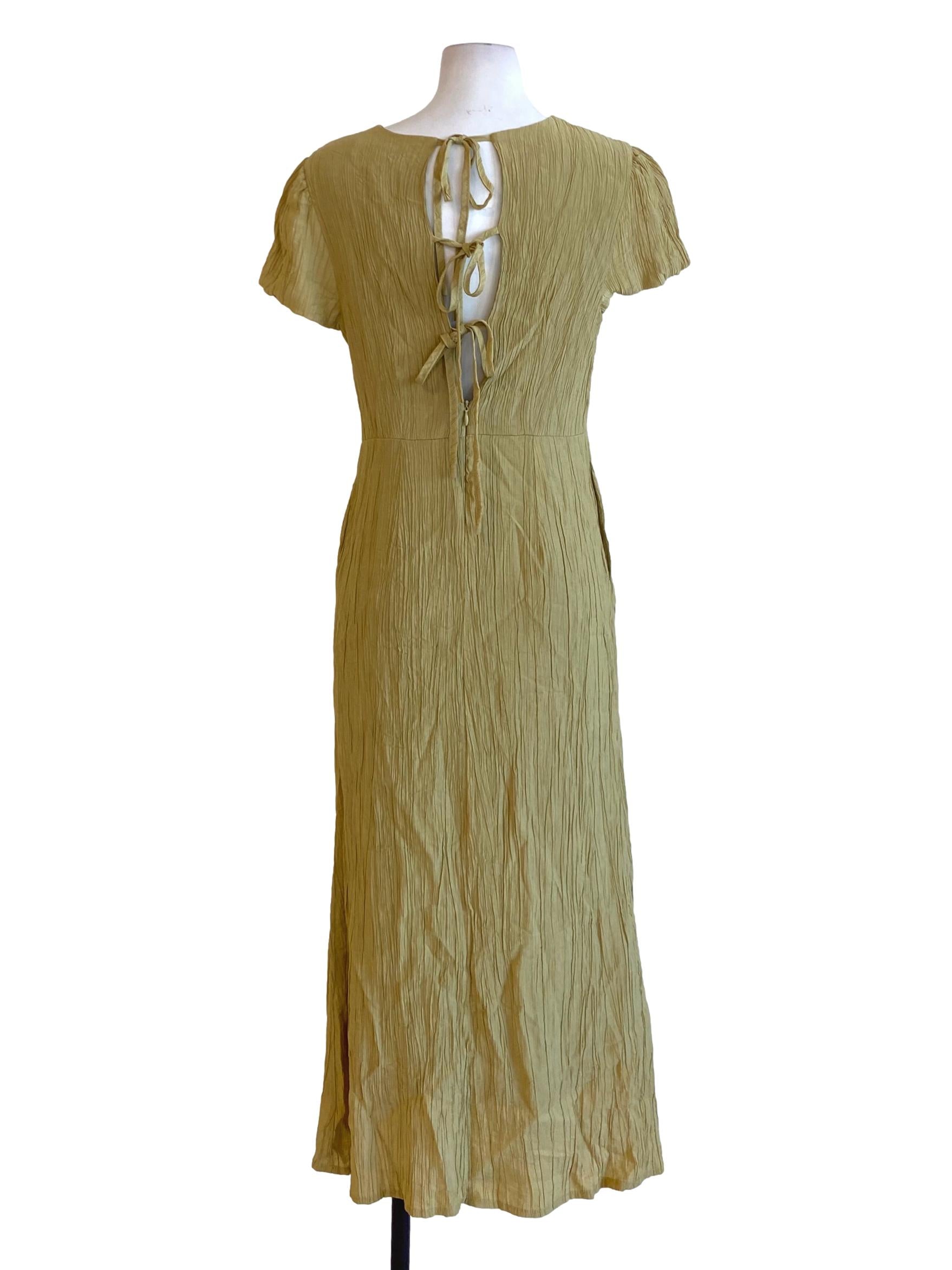 Olive Green Sharkskin Round Neck Tie Back Shirt Dress TEM