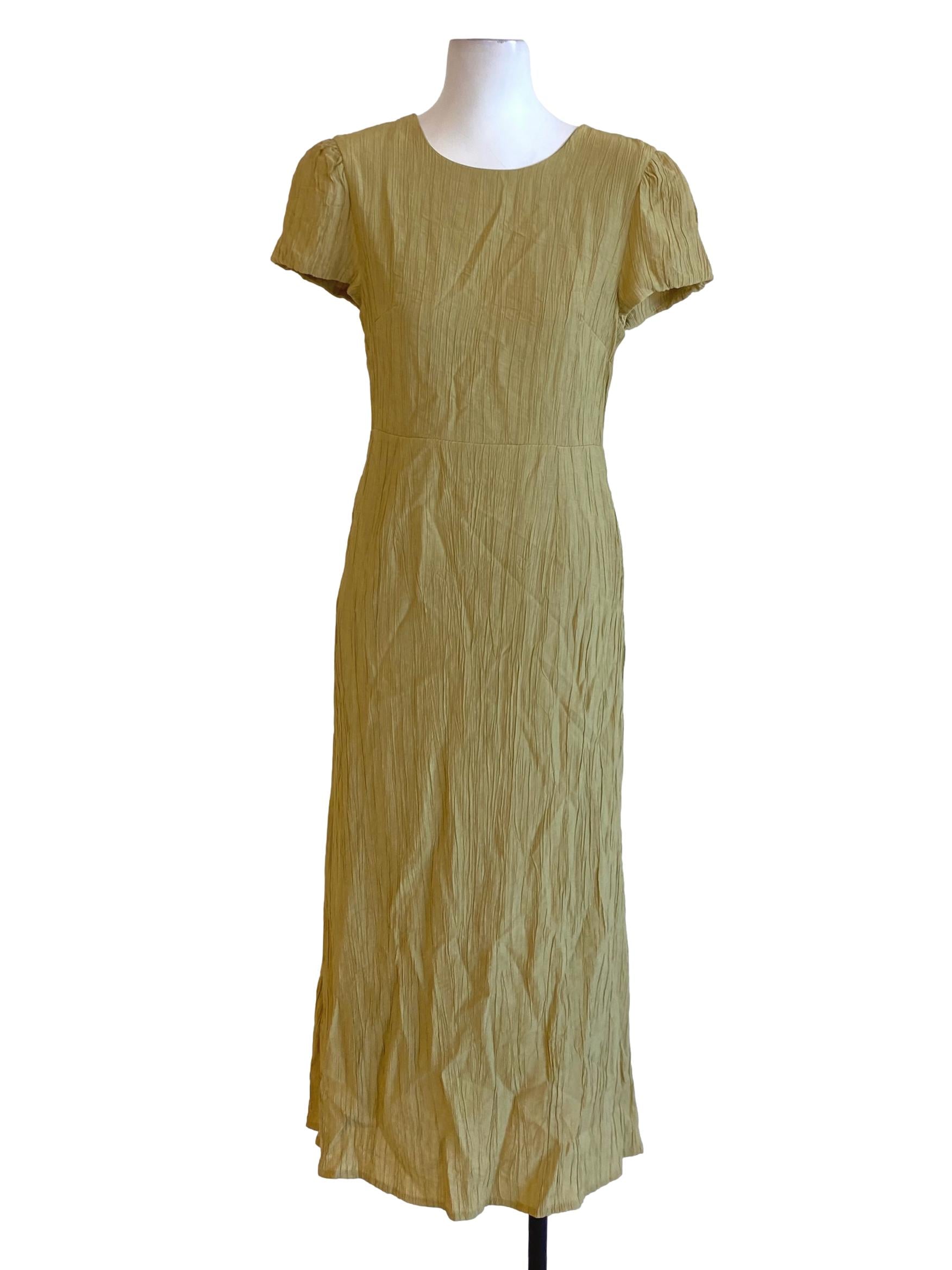 Olive Green Sharkskin Round Neck Tie Back Shirt Dress TEM