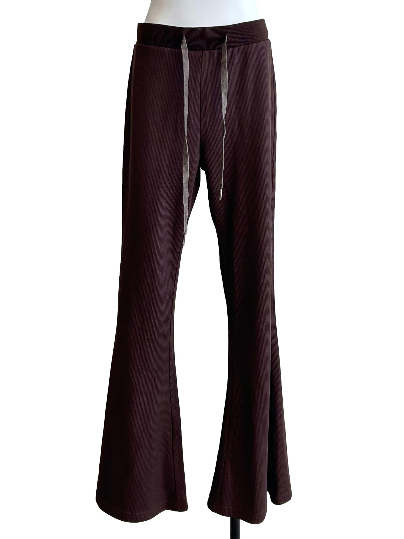 Brown Ribbed Knit Flare Pants