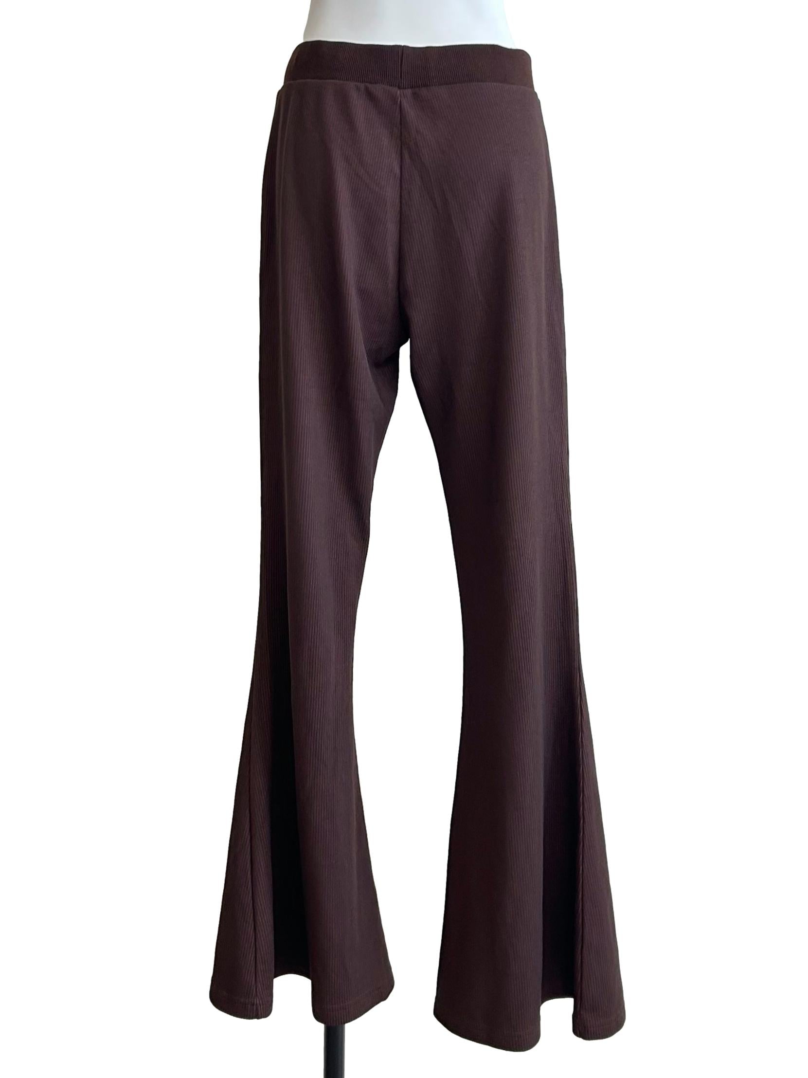 Brown Ribbed Knit Flare Pants
