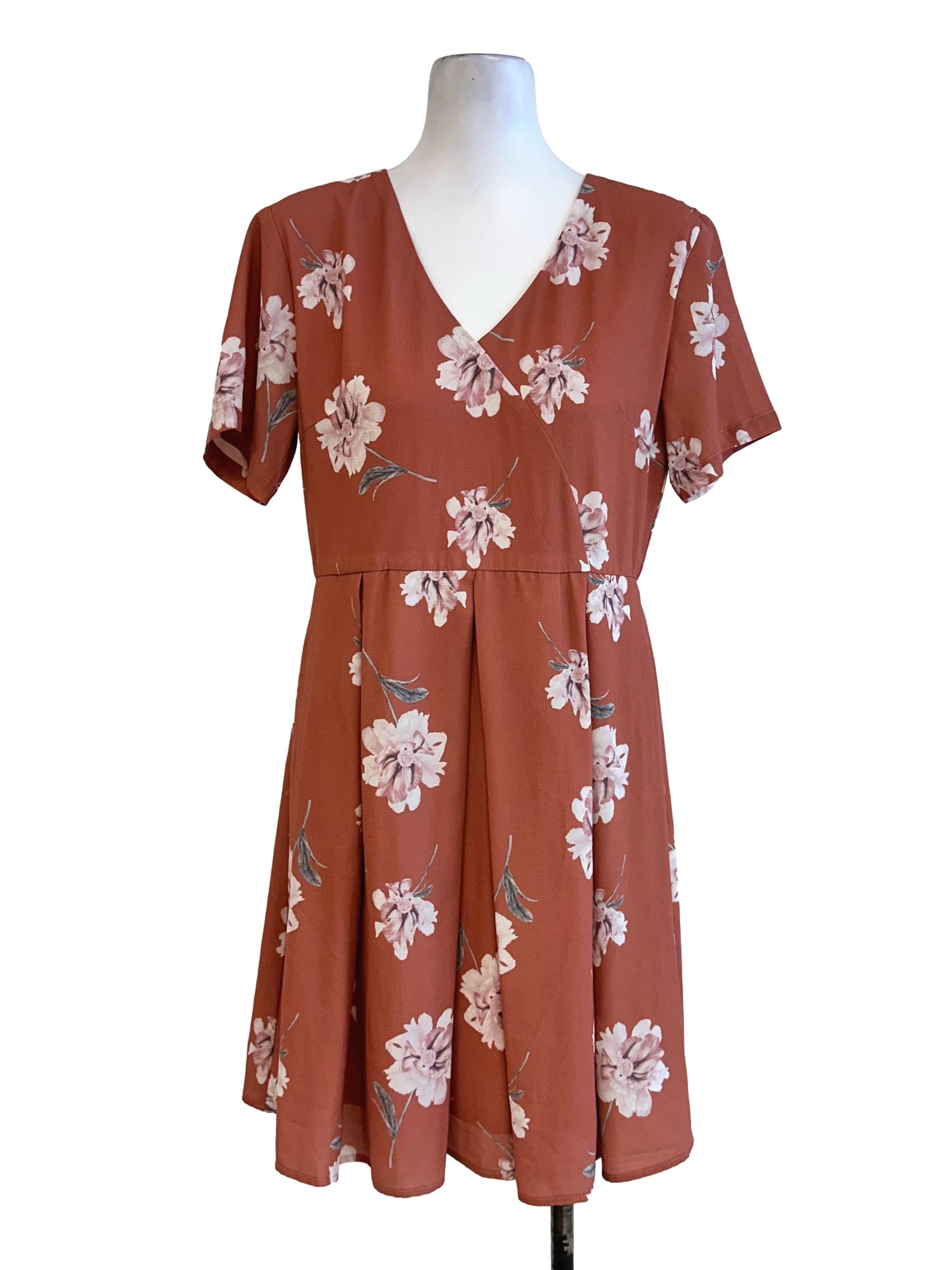 Yam Orange Flower Pattern V Neckline Dress TCL