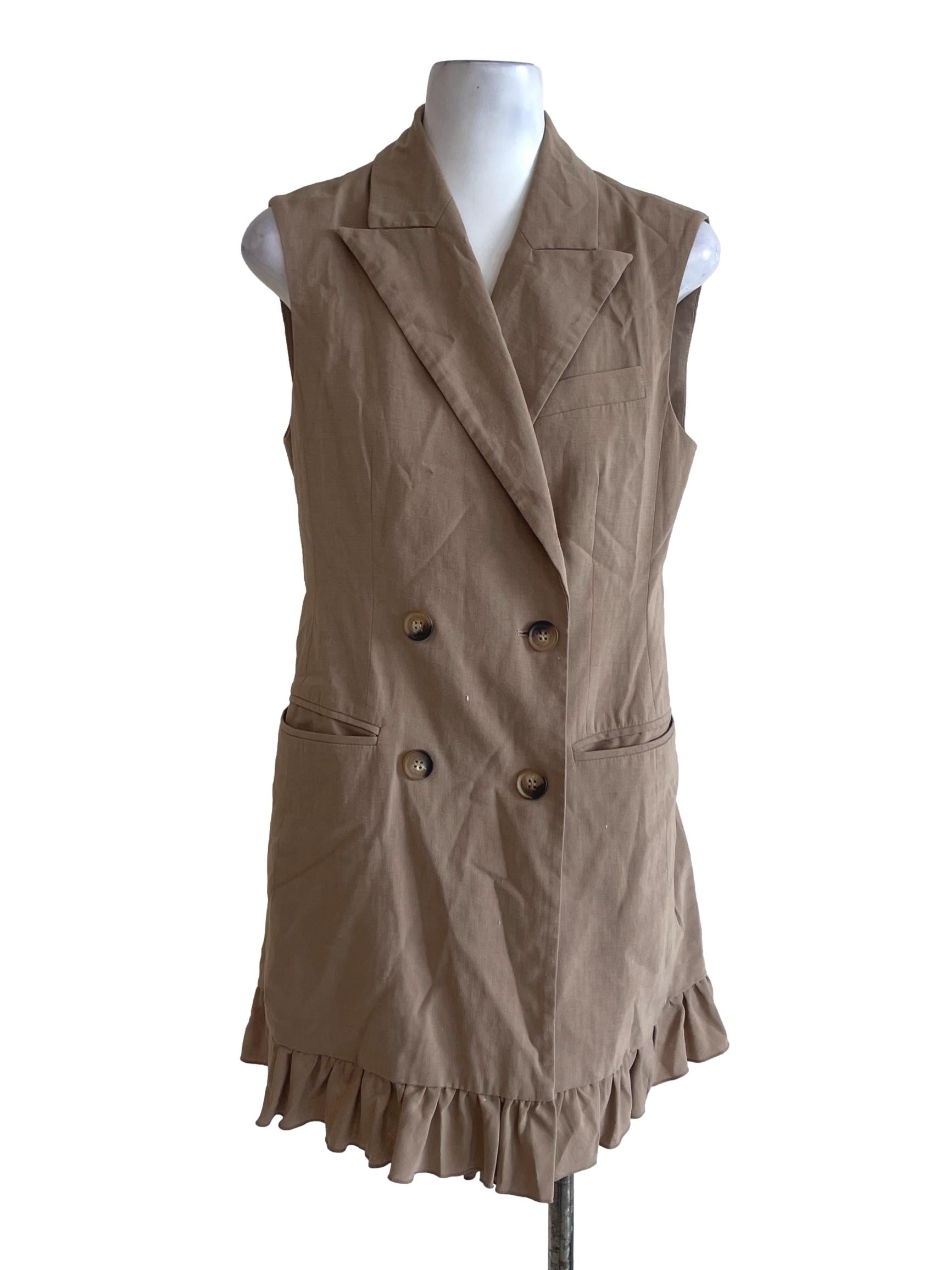 Peanut Brown Gathered Hem Sleeveless Blazer