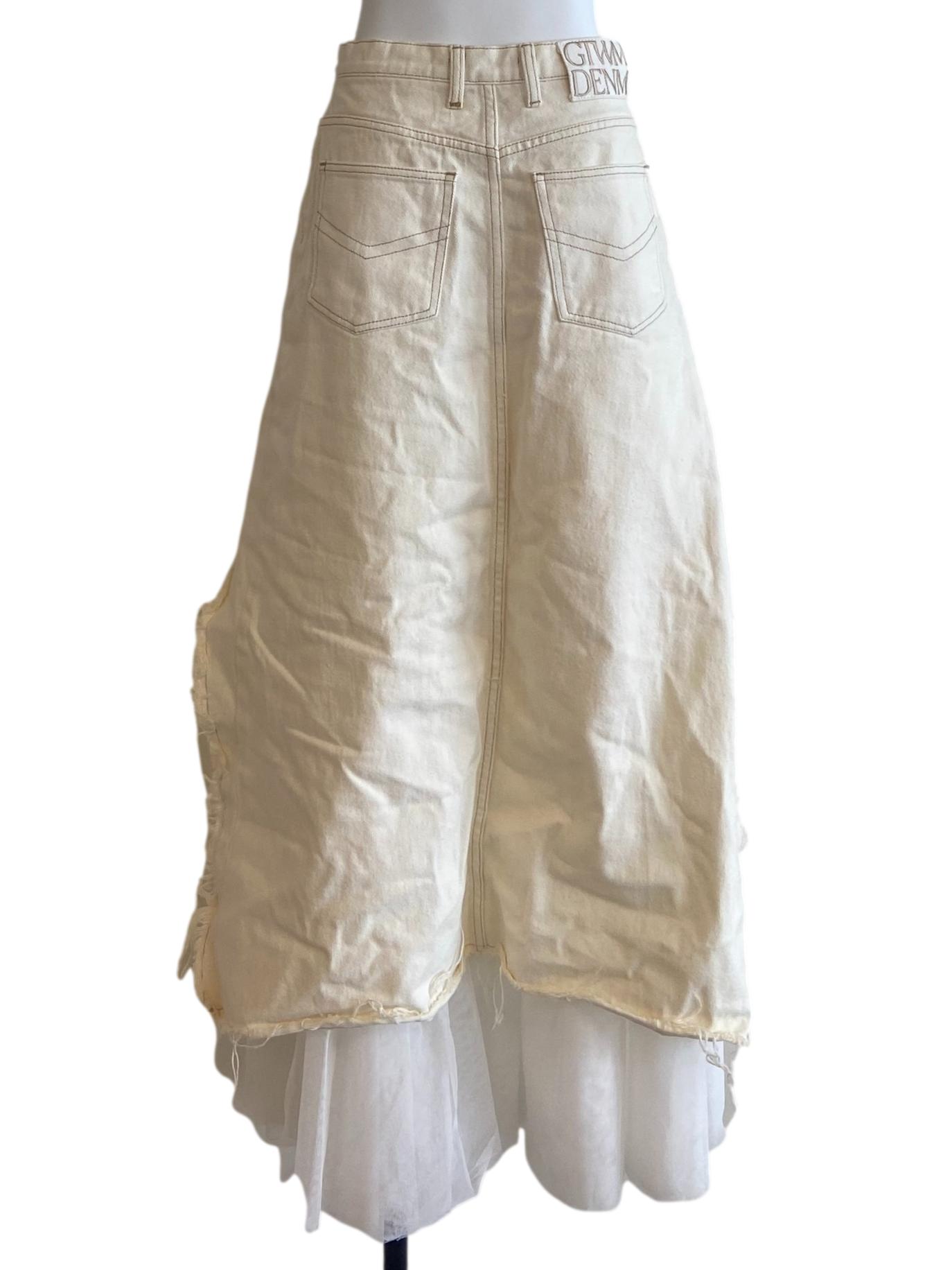 Cream Herringbone Asymmetric Denim Mesh Skirt
