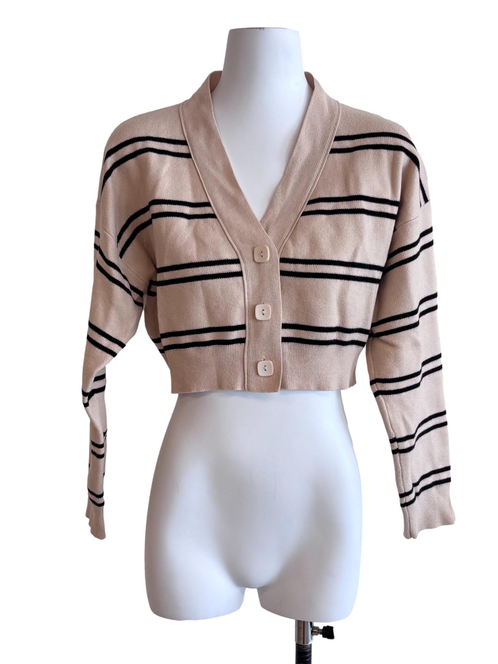 Beige Stripe Crop Knit Cardigan