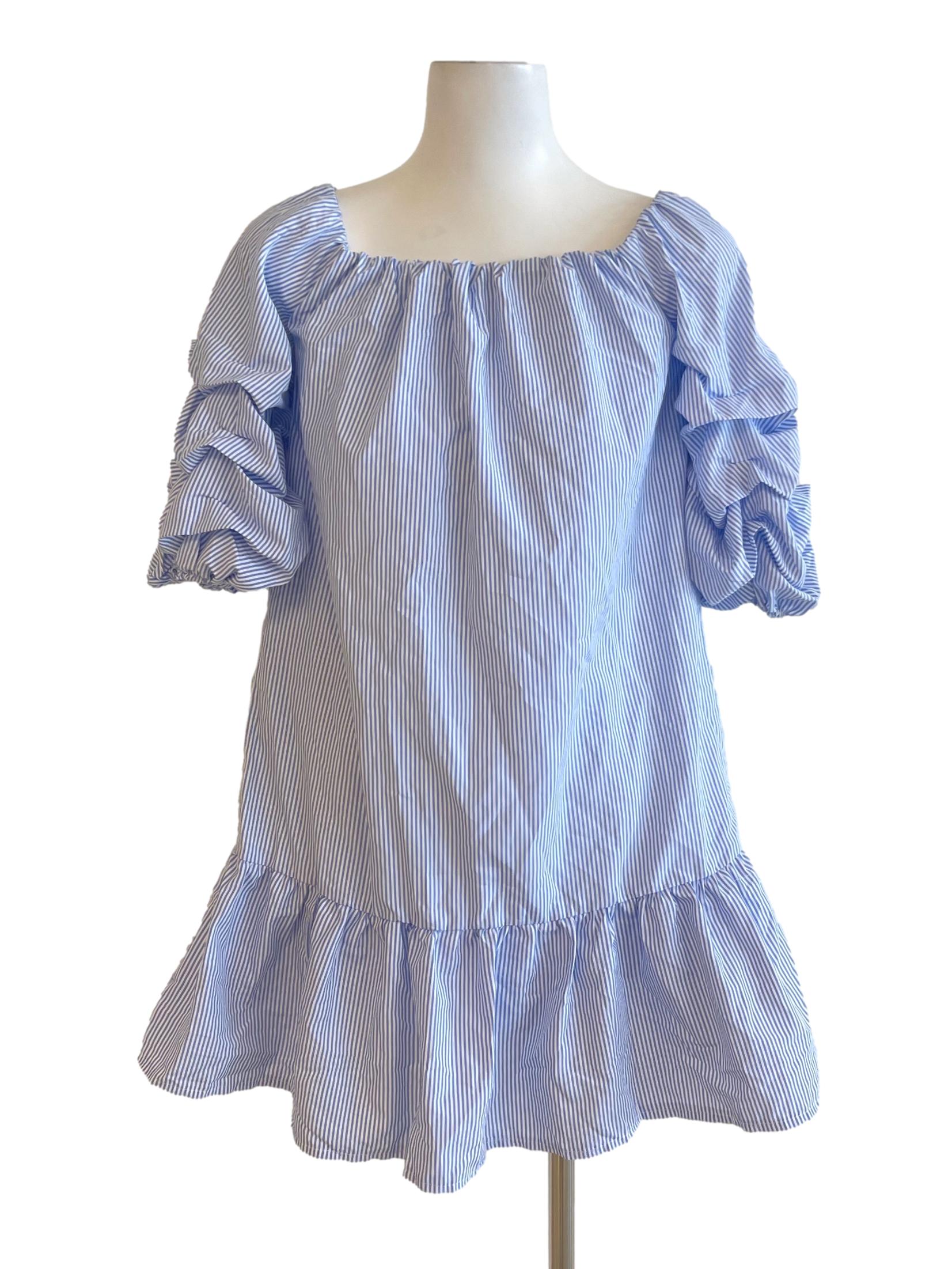 Blue White Bengal Stripe Bubble Sleeve Dress