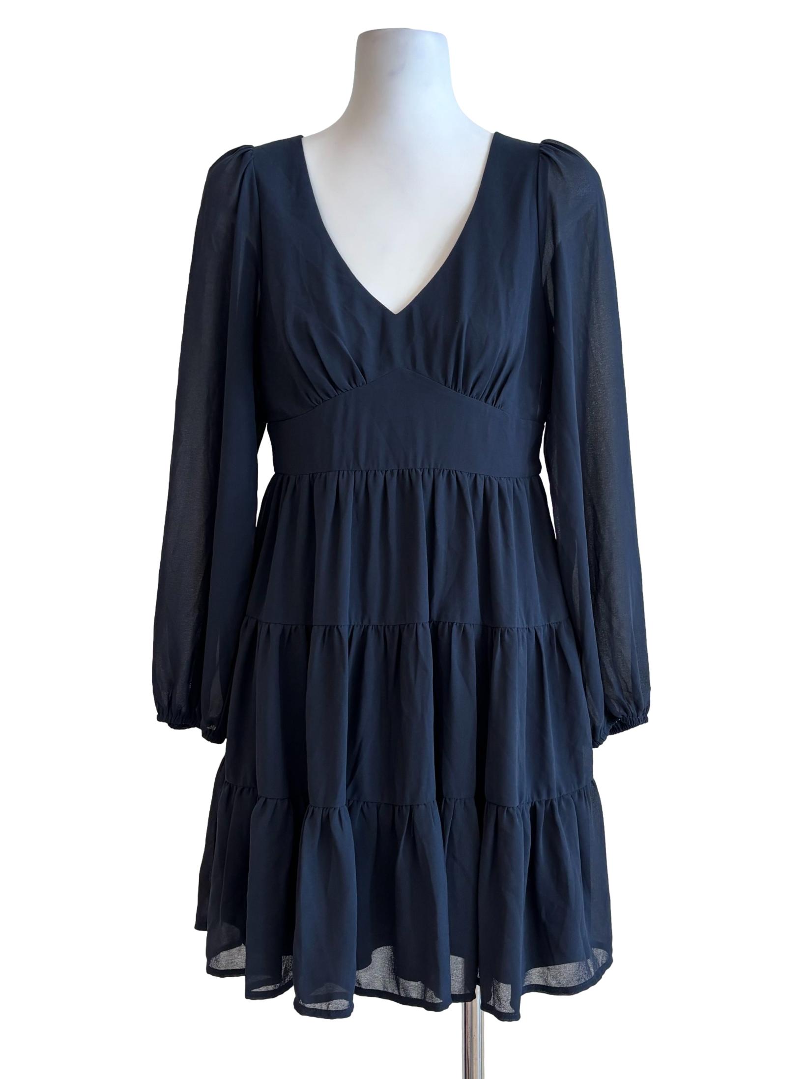 Midnight Blue Long Sleeve Chiffon Dress