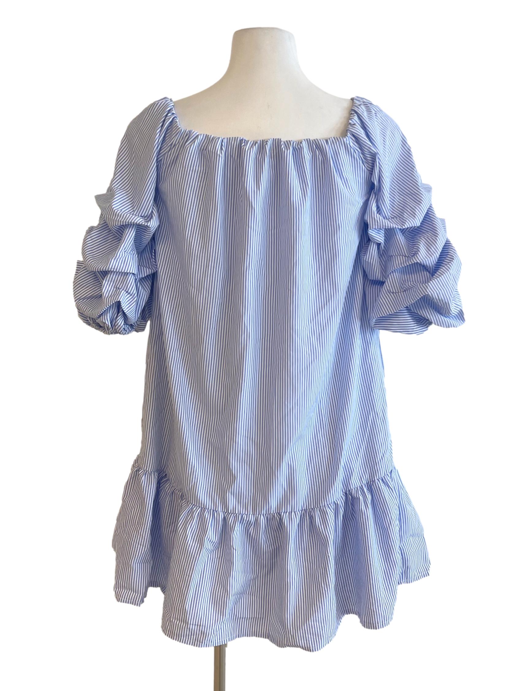 Blue White Bengal Stripe Bubble Sleeve Dress