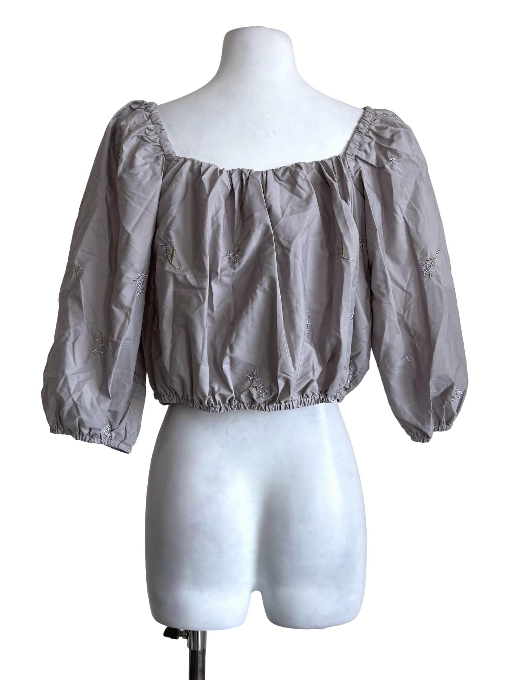 Grey Floral Embroidered Crop Top