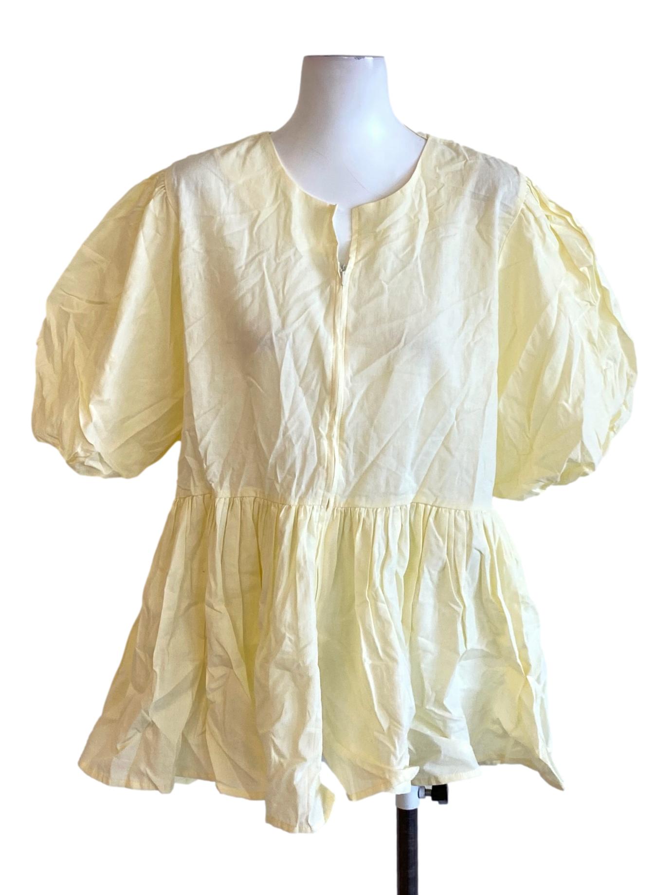 Buttermilk Yellow Round Neck Zip Up Puffed Peplum Top