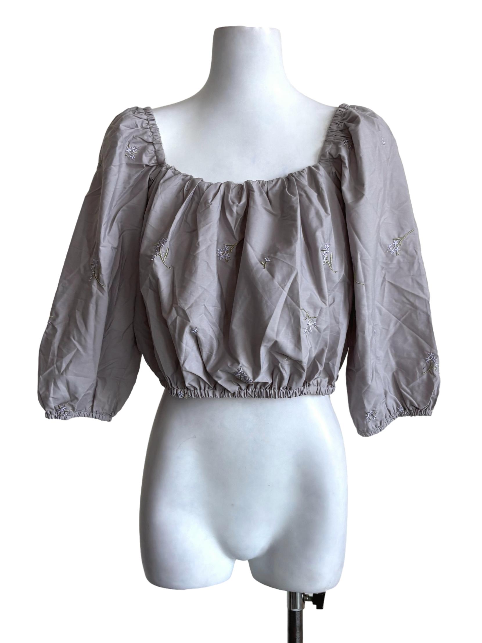 Grey Floral Embroidered Crop Top
