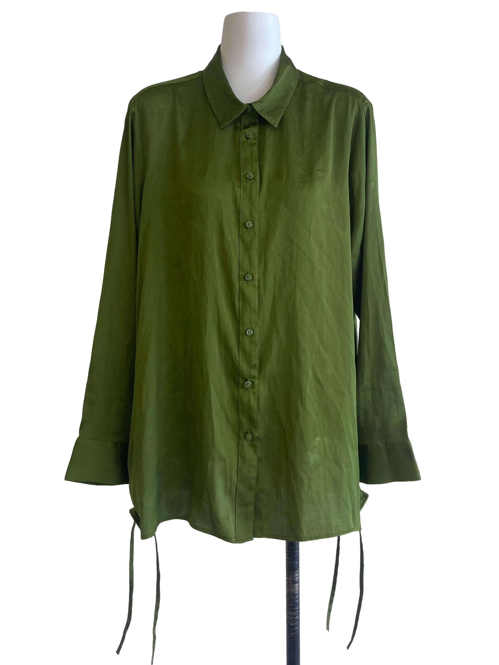 Green Button Down Side Tie Blouse