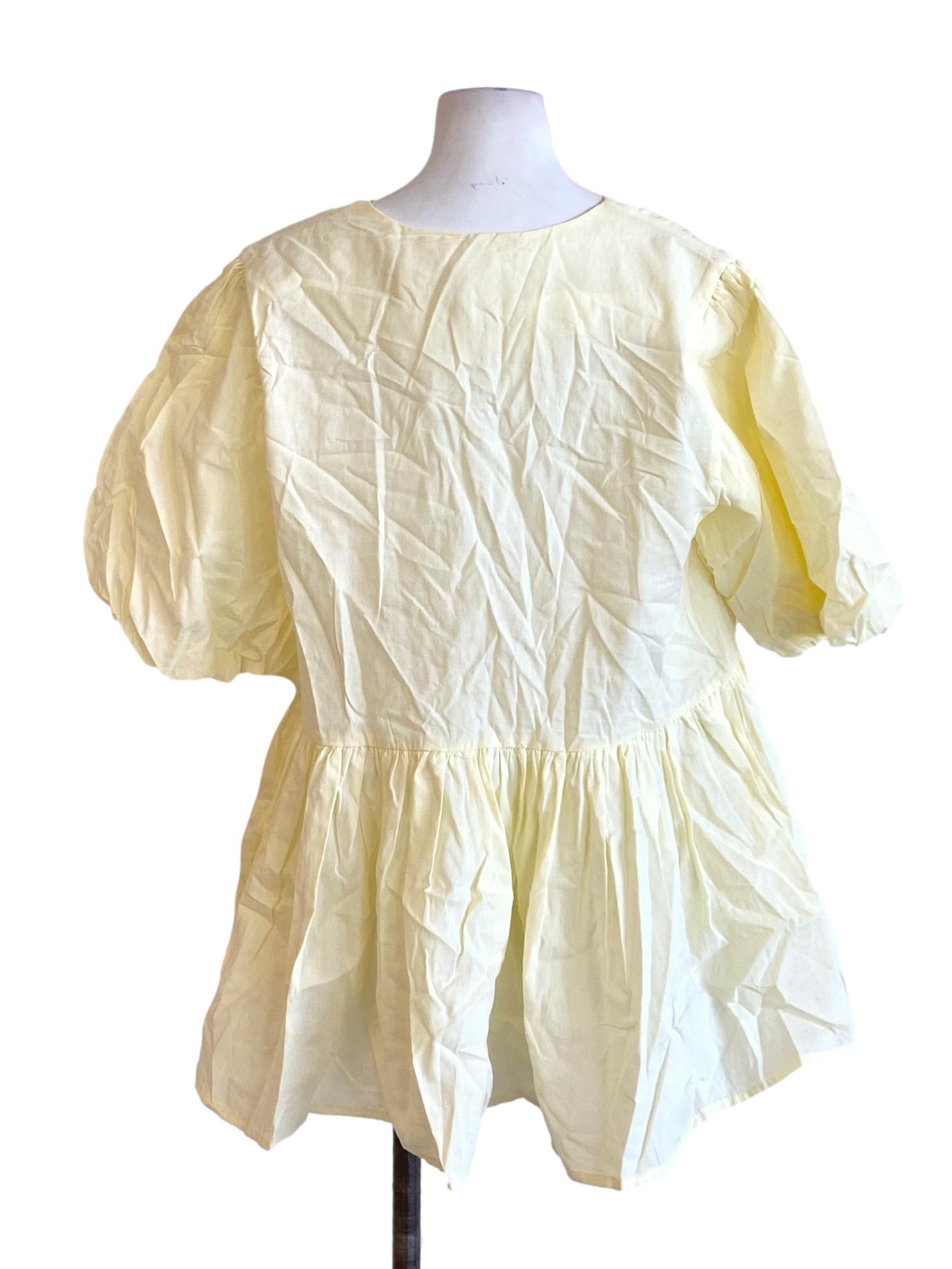 Buttermilk Yellow Round Neck Zip Up Puffed Peplum Top