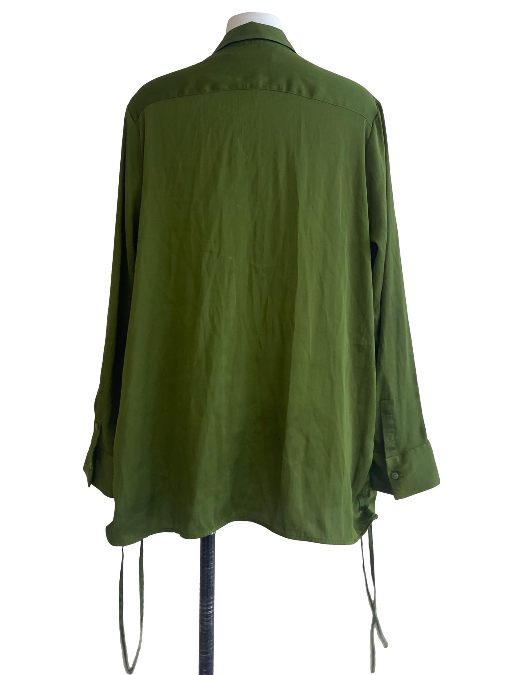 Green Button Down Side Tie Blouse