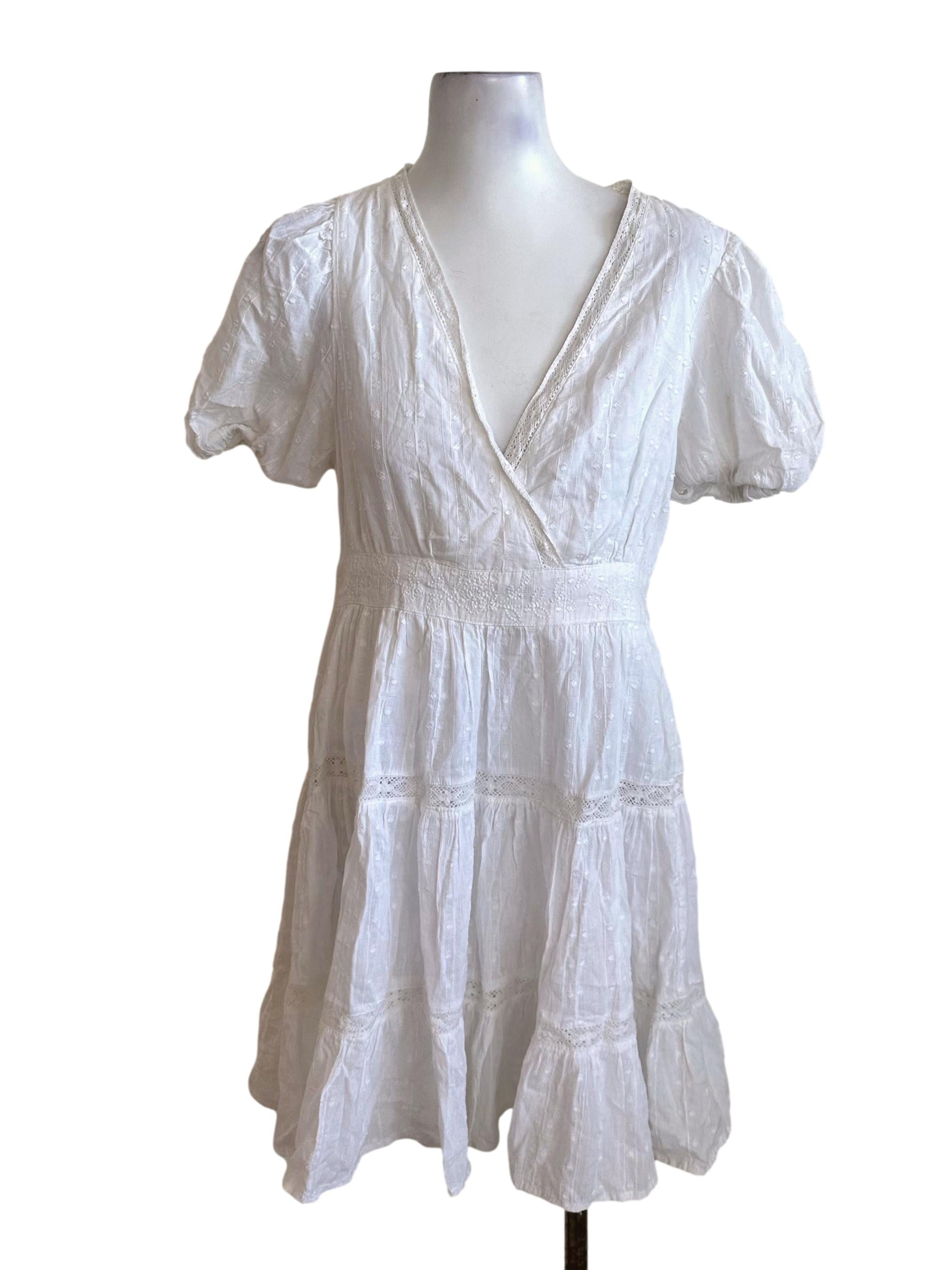 Zara Ivory White V Neck Textured Tiered Dress