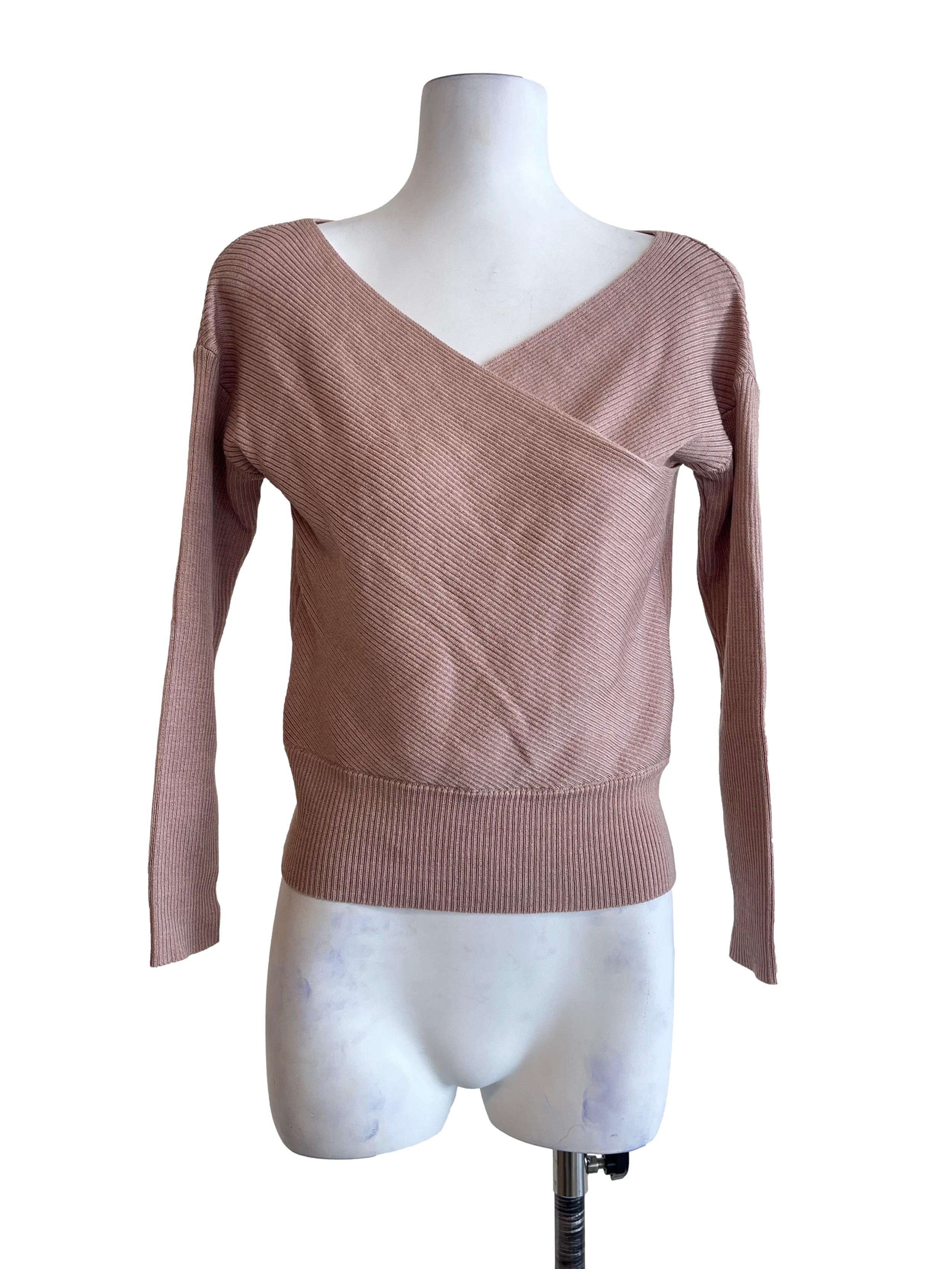 Salmon Pink Cross Neck Long Sleeve Top
