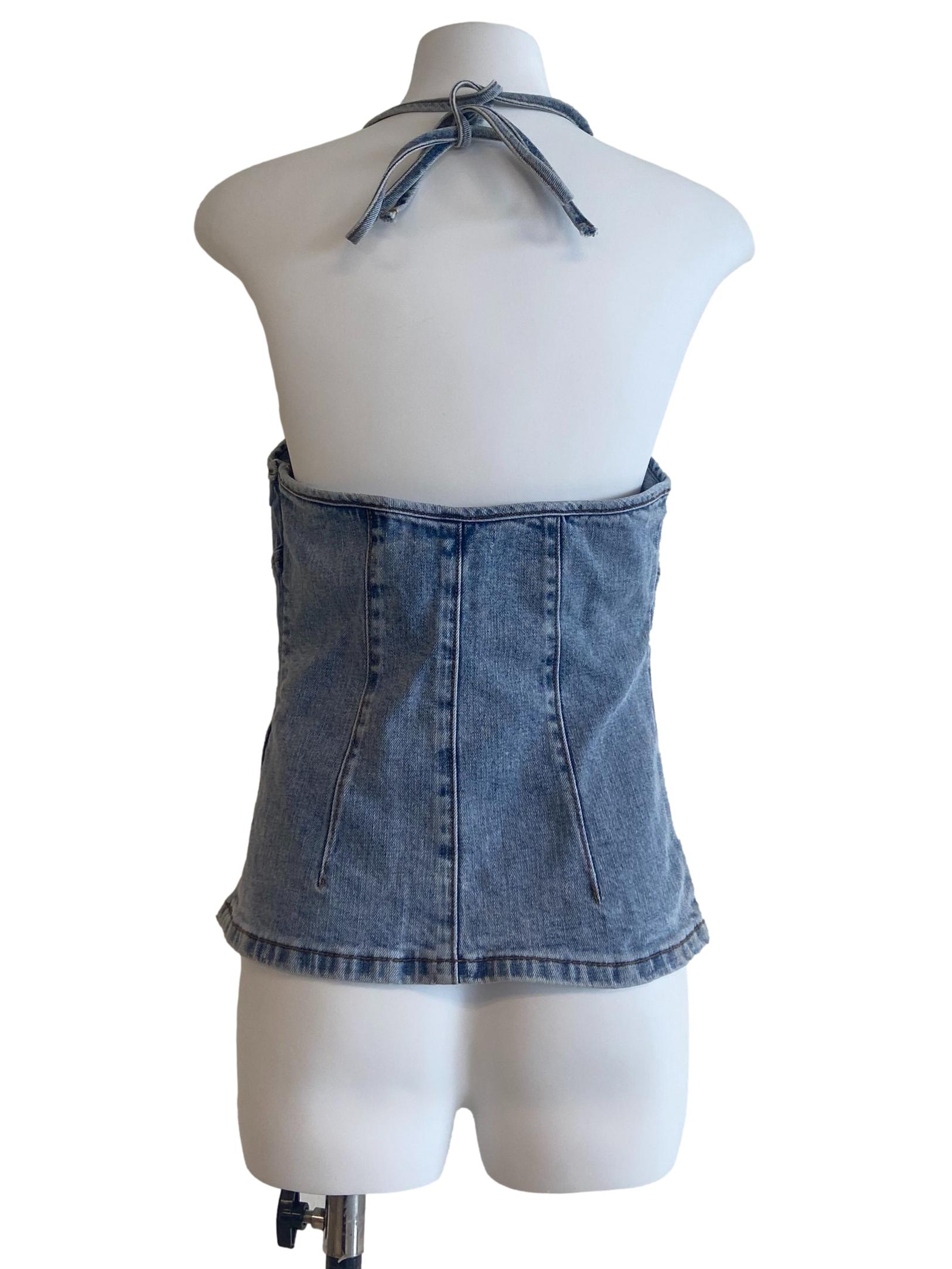Blue Twill Halter Neck Denim Top