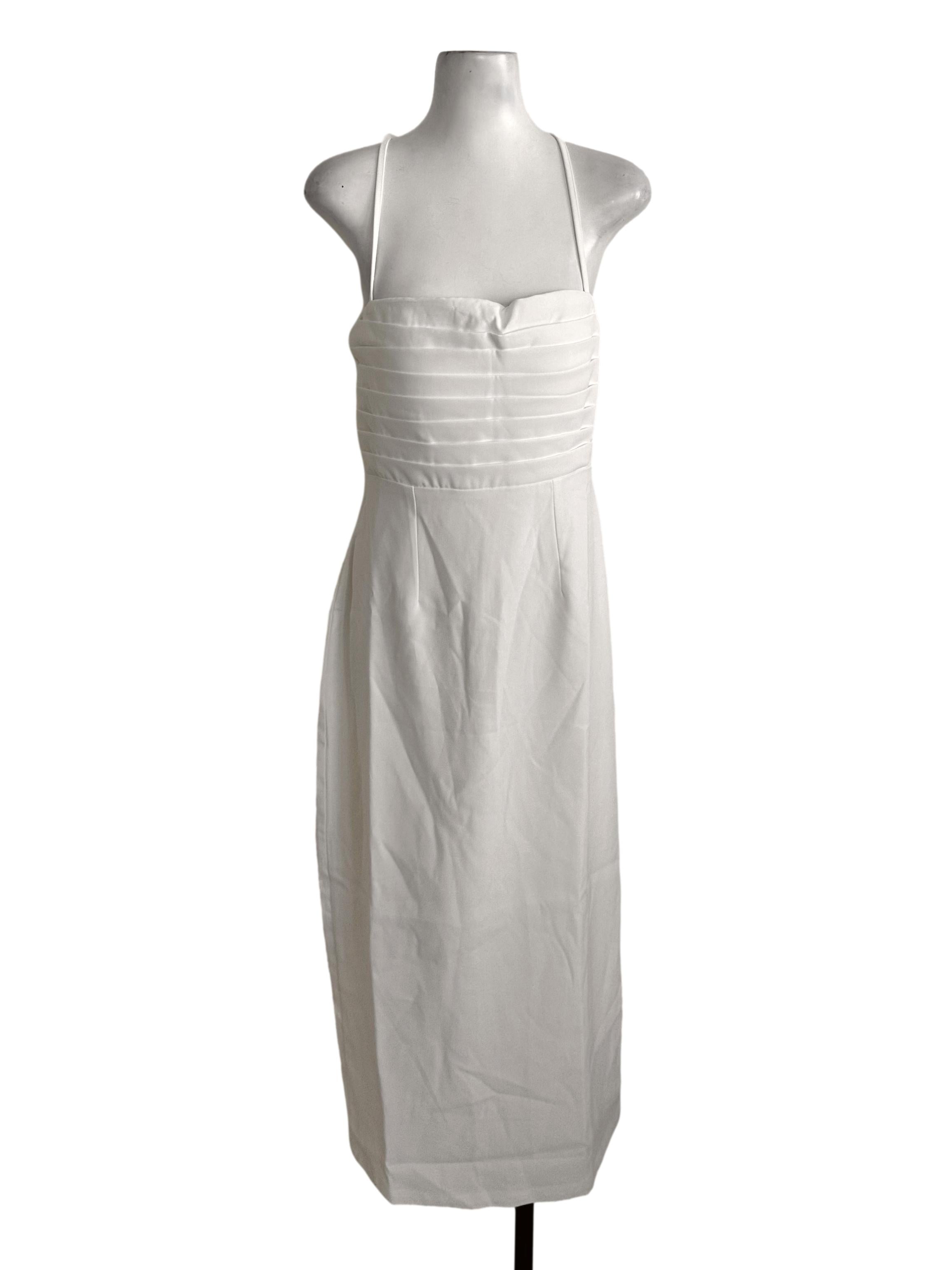 Ivory White Pleated Back Overlay Sheath Dress