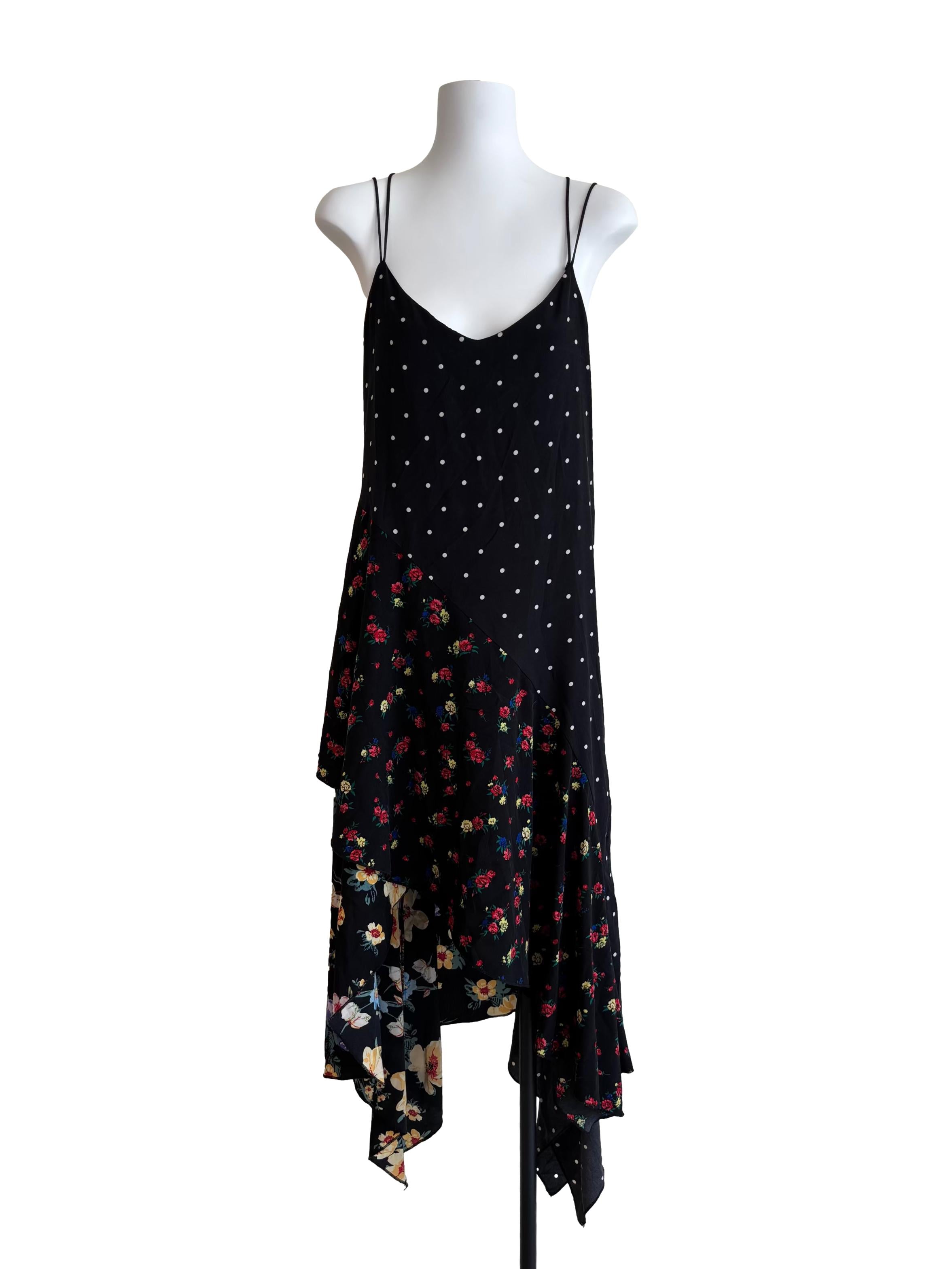 Black Floral Polka Dot Asymmetrical Dress