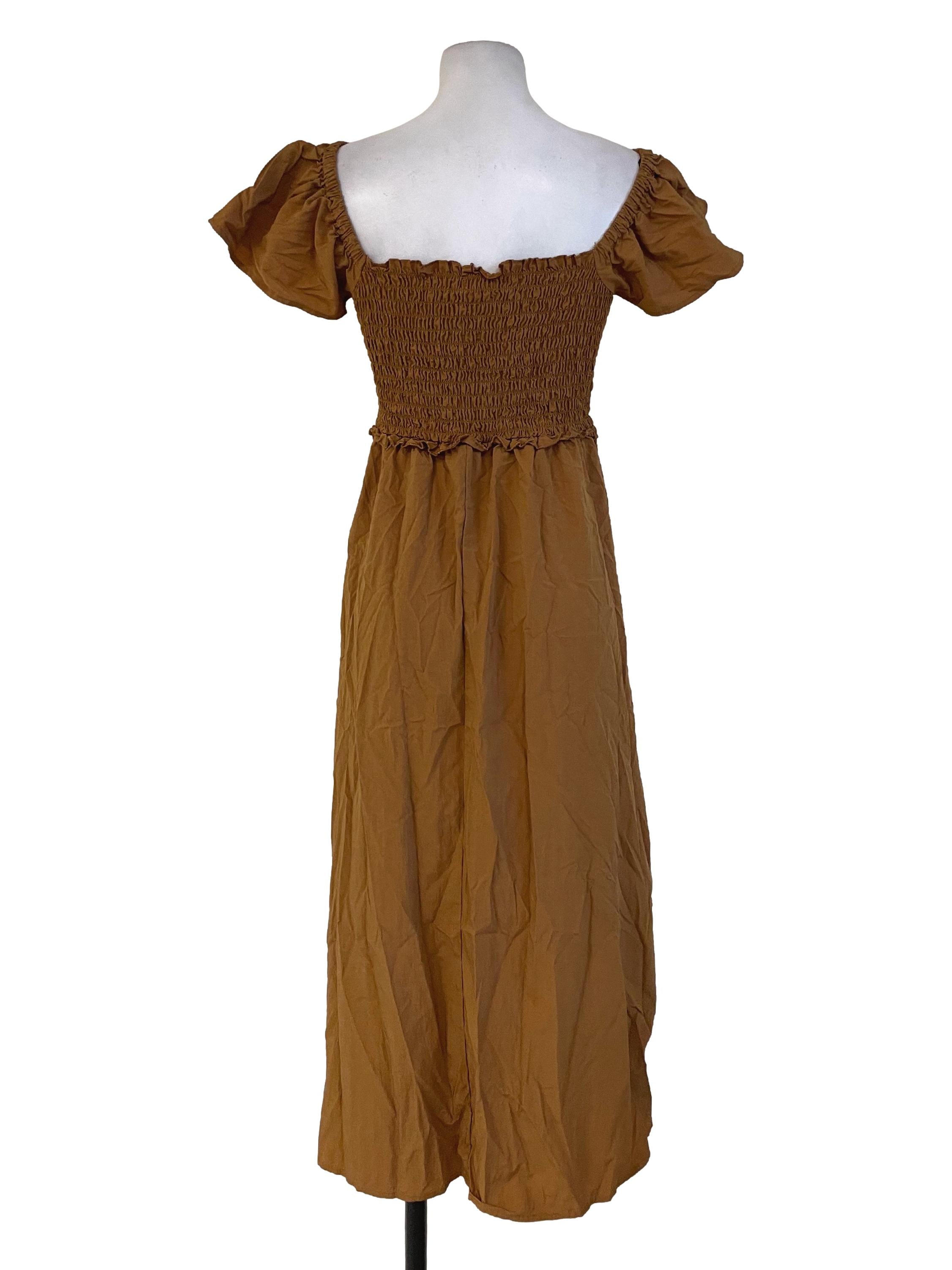 Brown Shirred Bodice Dress