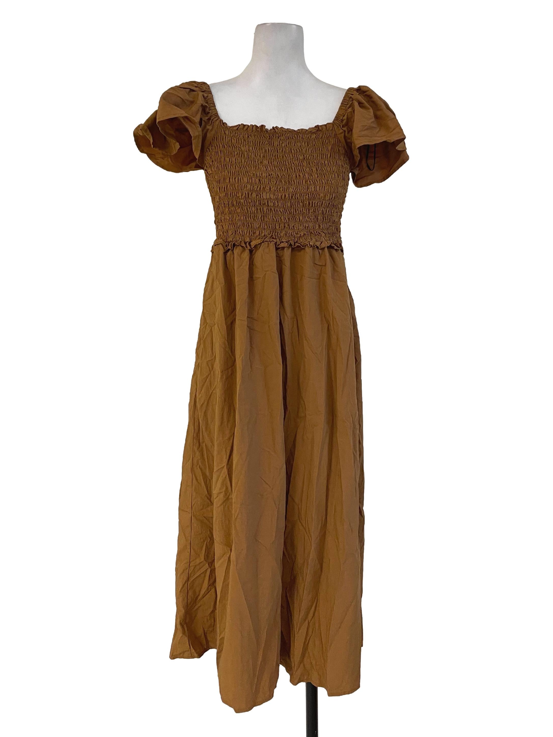 Brown Shirred Bodice Dress