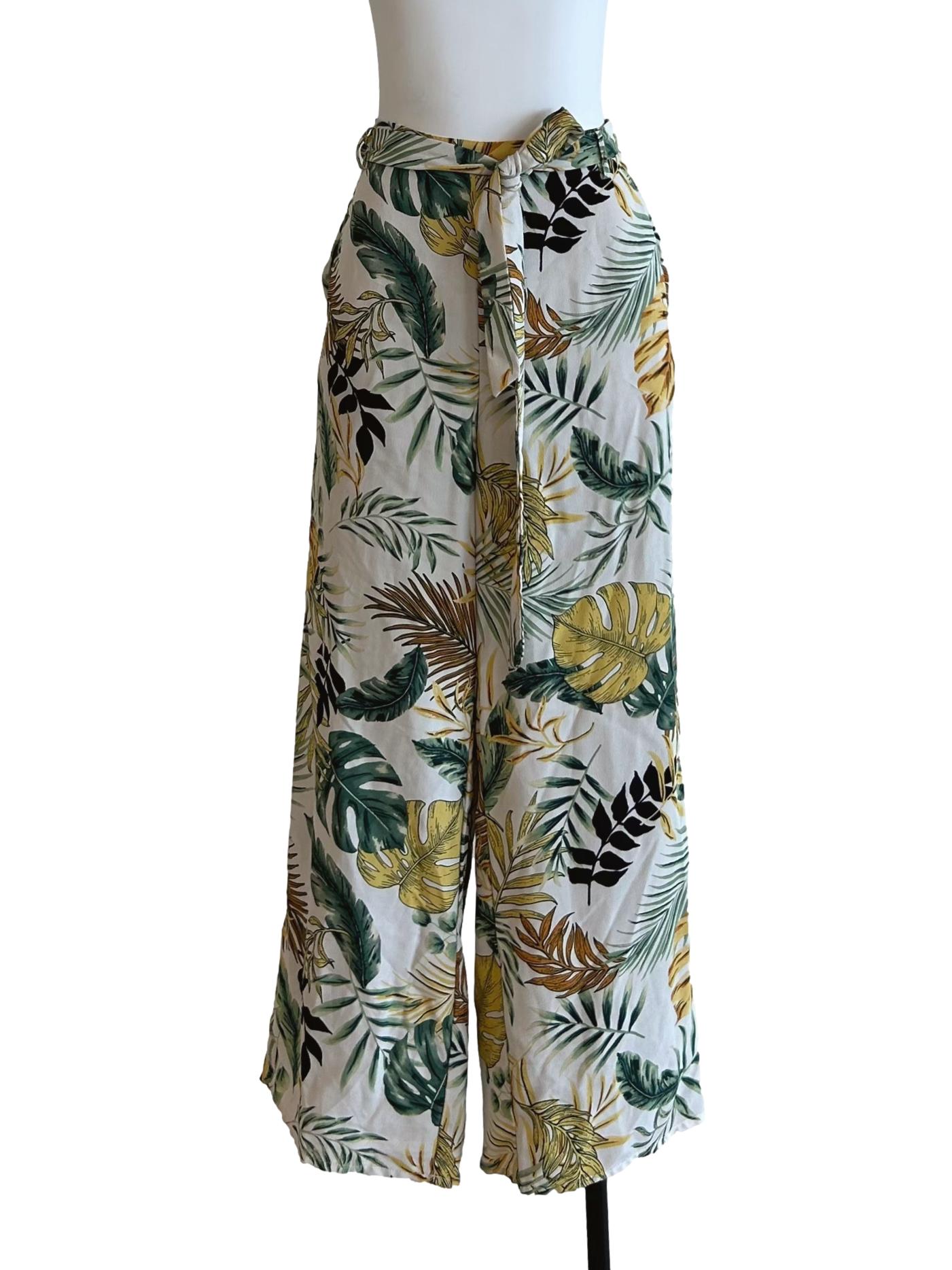 White And Green Leaf Print Pants