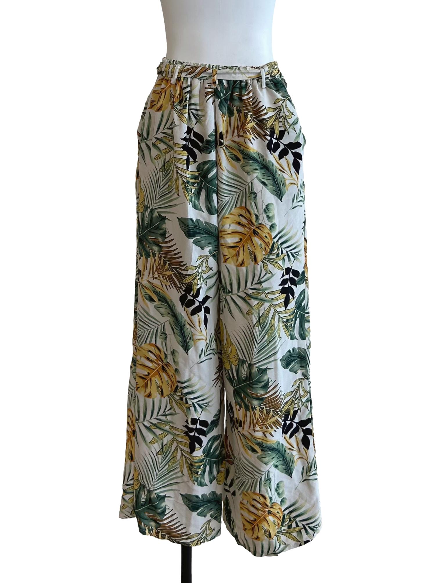 White And Green Leaf Print Pants
