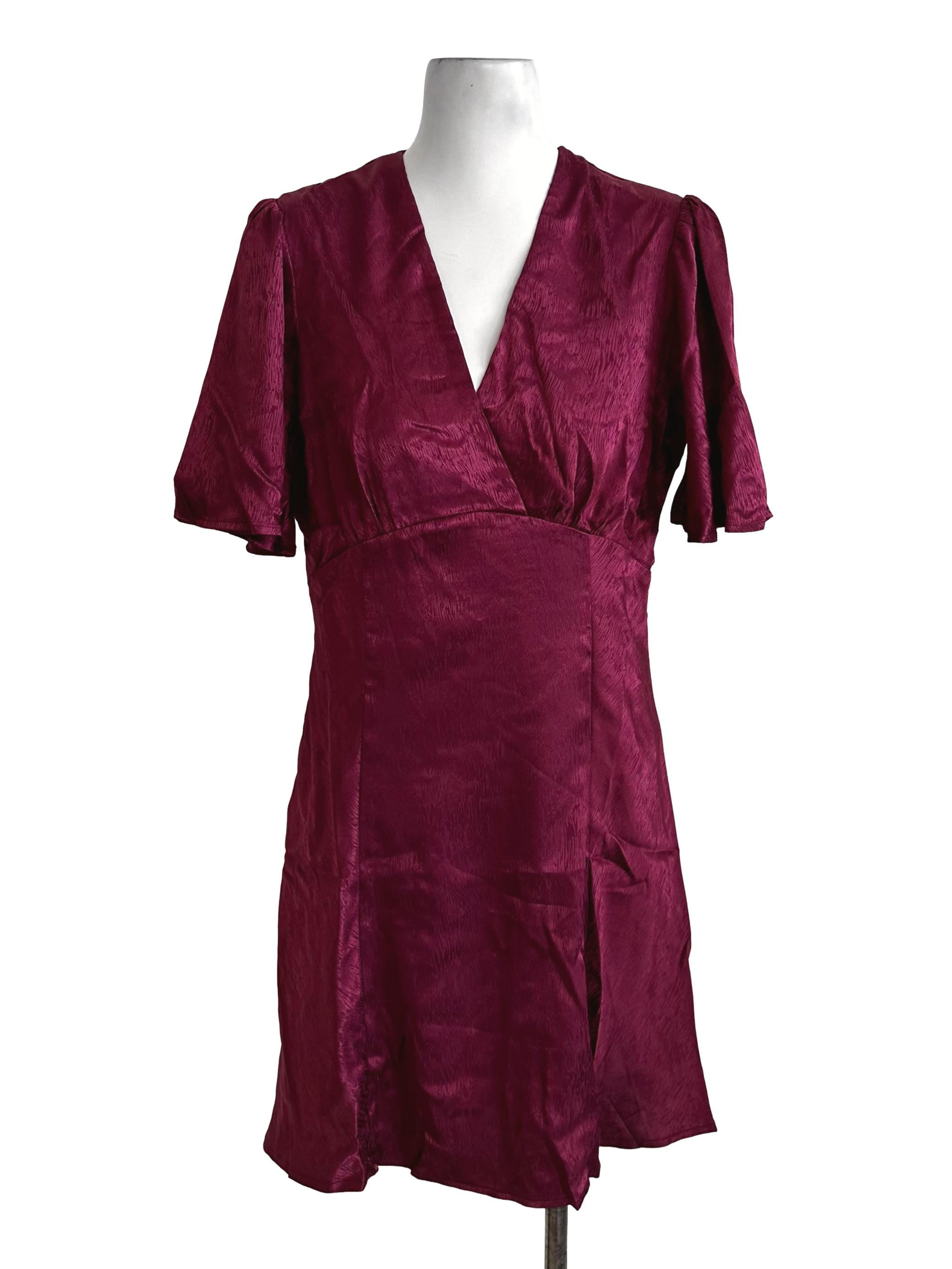 Burgundy Red V Neck Pattern Satin Dress