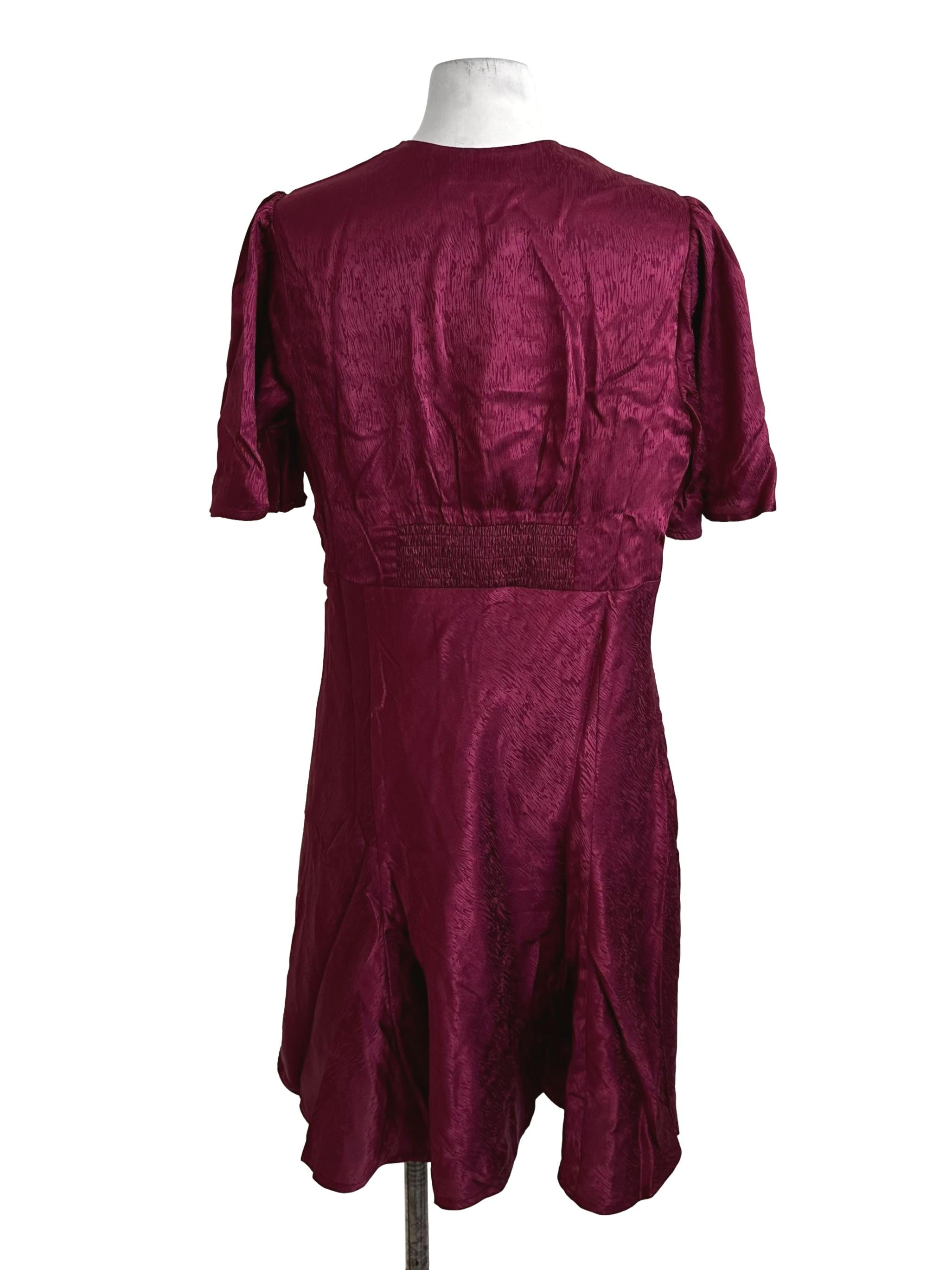 Burgundy Red V Neck Pattern Satin Dress