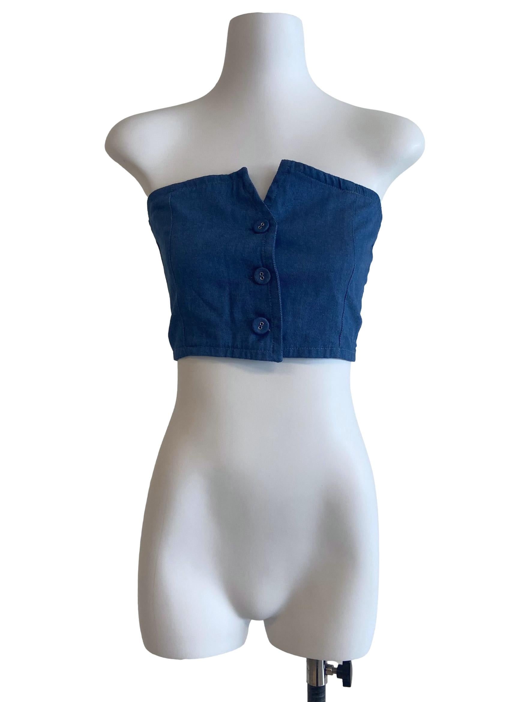Blue Herringbone Strapless Crop Top