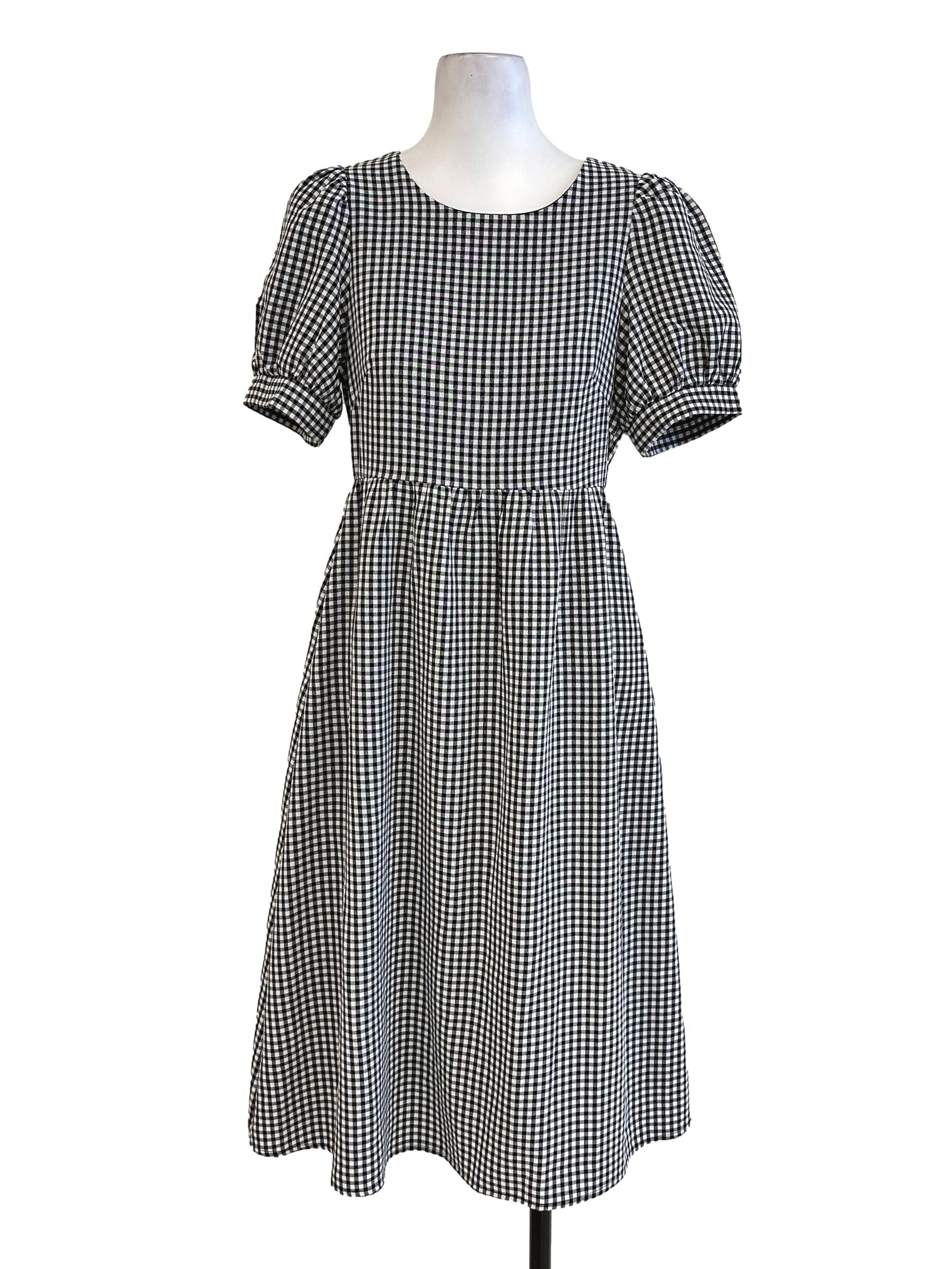 Black Gingham Pattern Midi Dress