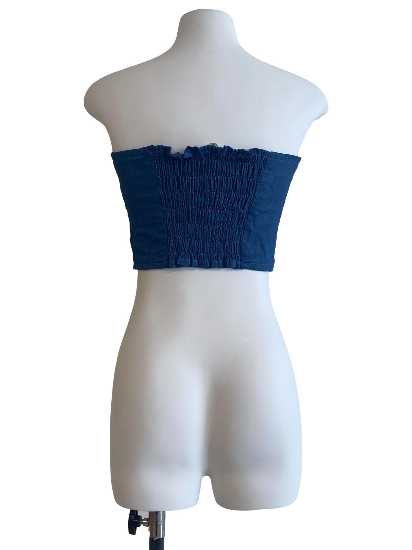 Blue Herringbone Strapless Crop Top