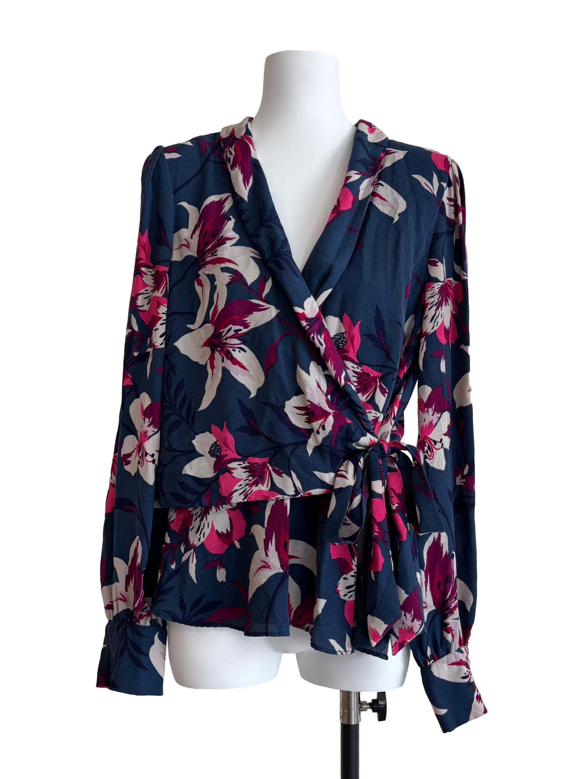 Spruce Blue Floral Wrap Top