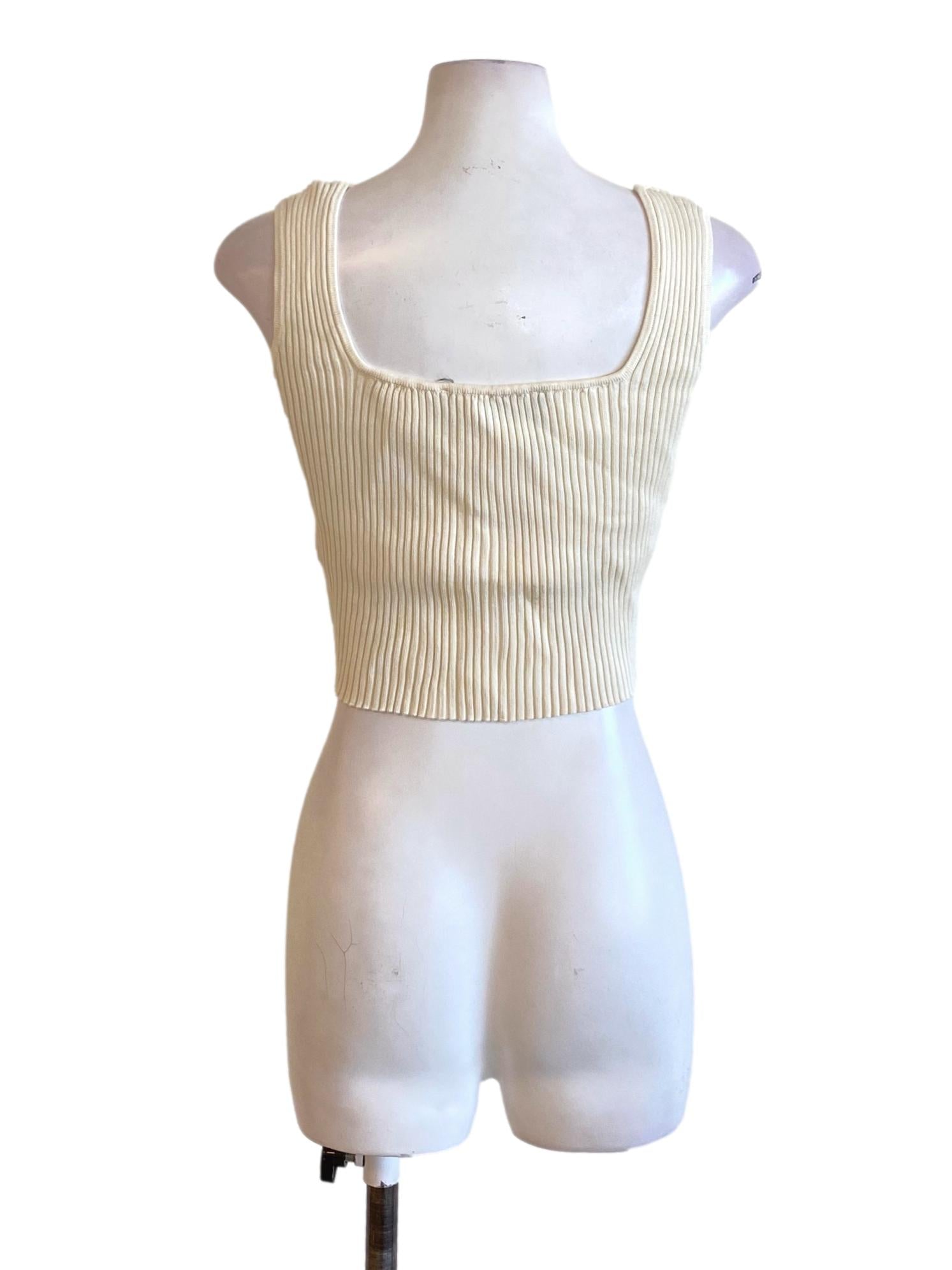 Cream White Square Neck Knitted Waisted Top