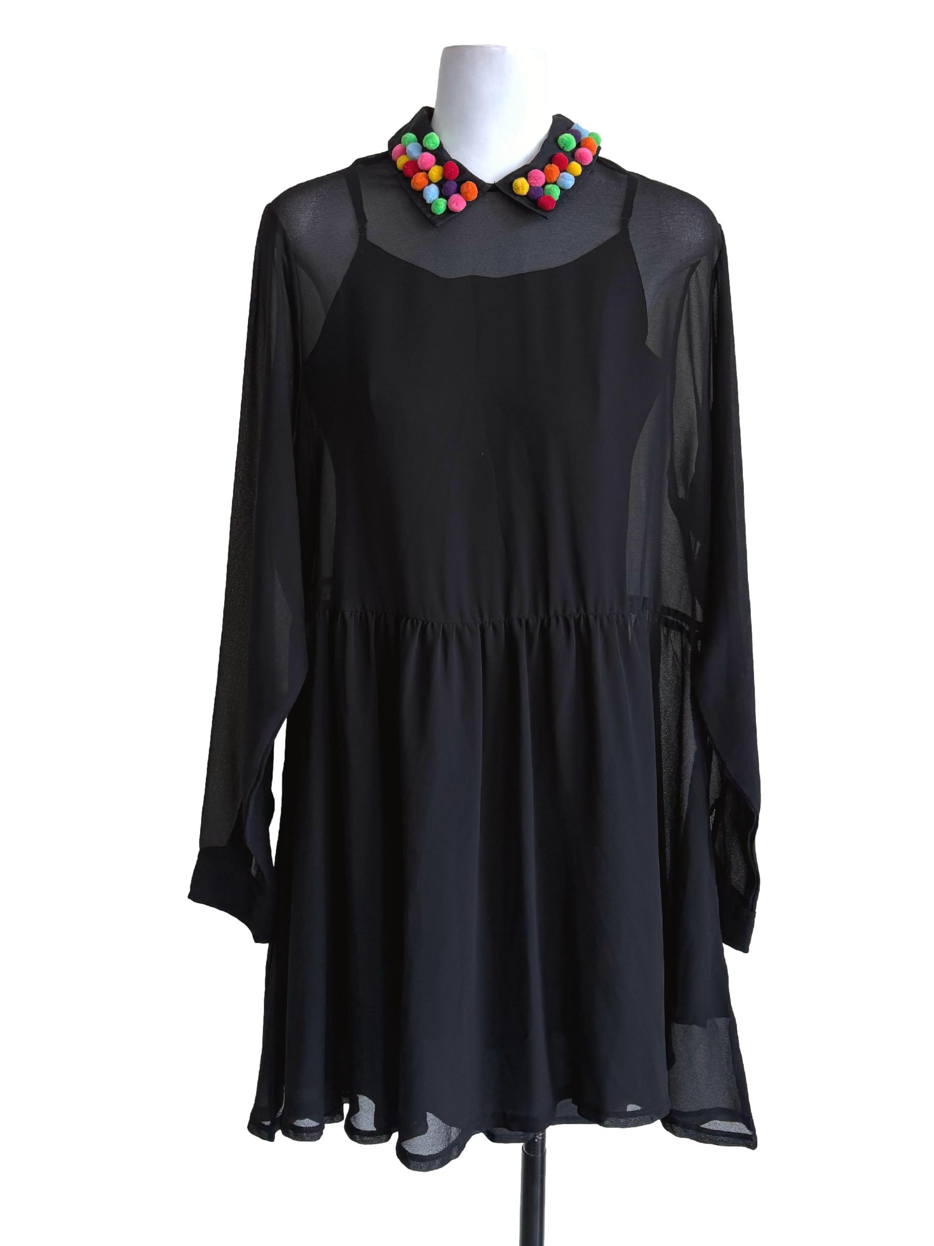 Black Multicolour Pom Pom Collar Sheer Dress