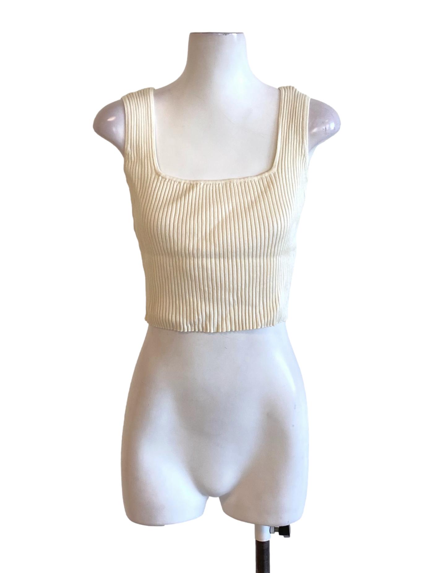 Cream White Square Neck Knitted Waisted Top