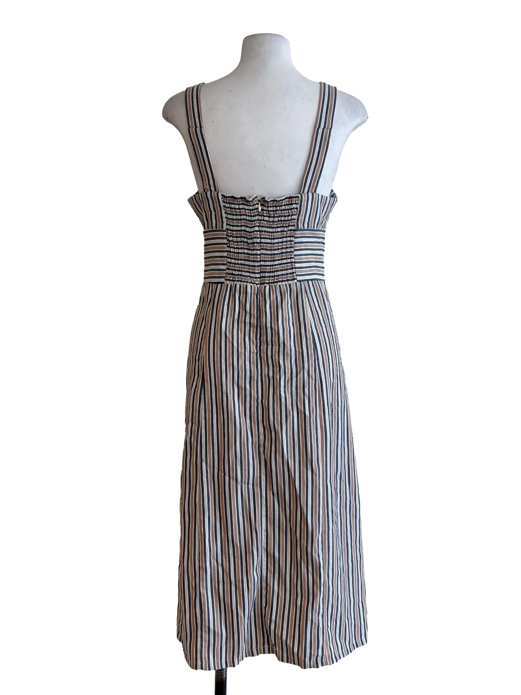 Daisy White Blue And Cream Stripes Ribbon Front Apron Dress