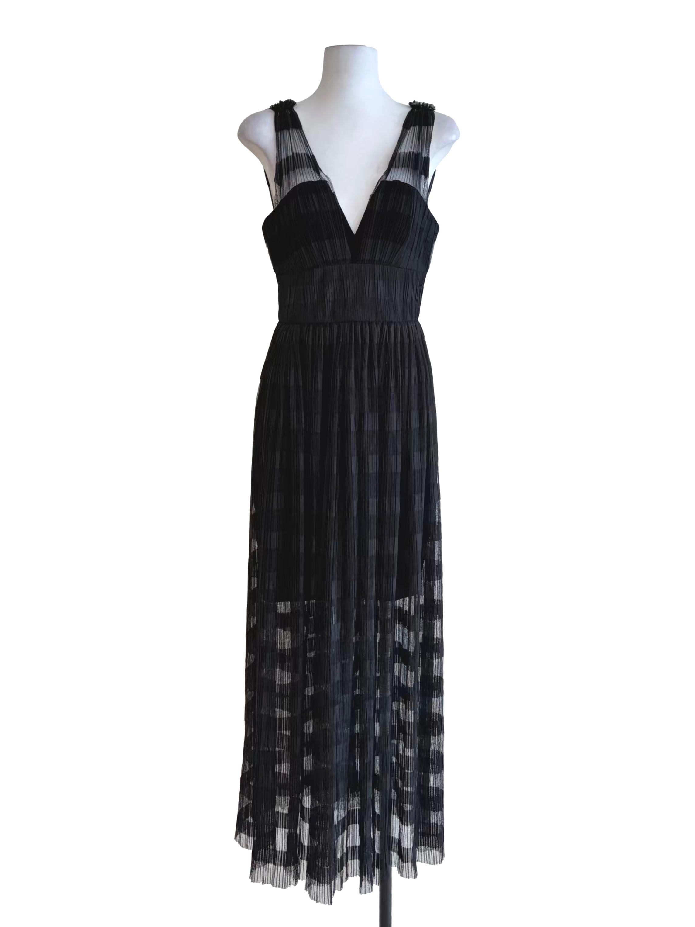Onyx Black Textured Mesh V-Neck Slip Dress