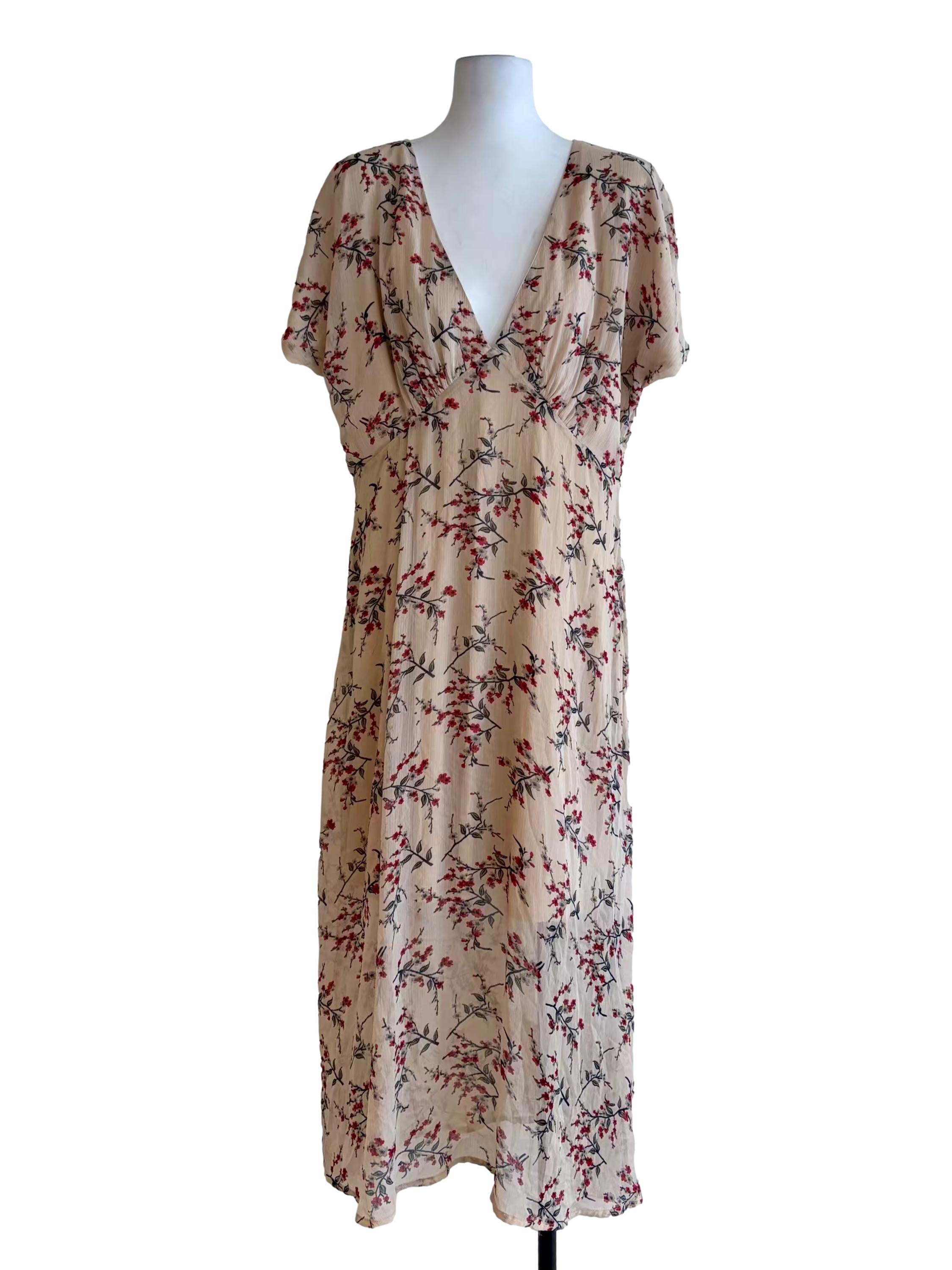Nude Beige Floral Mesh Print V-Neck Flare Sleeve Dress