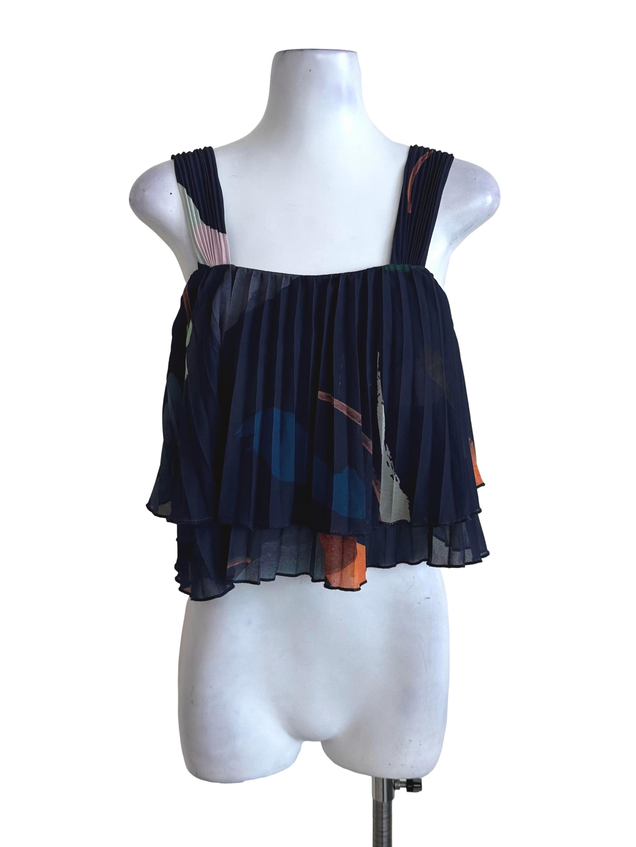 Navy Blue Pleated Pattern Babydoll Top LB
